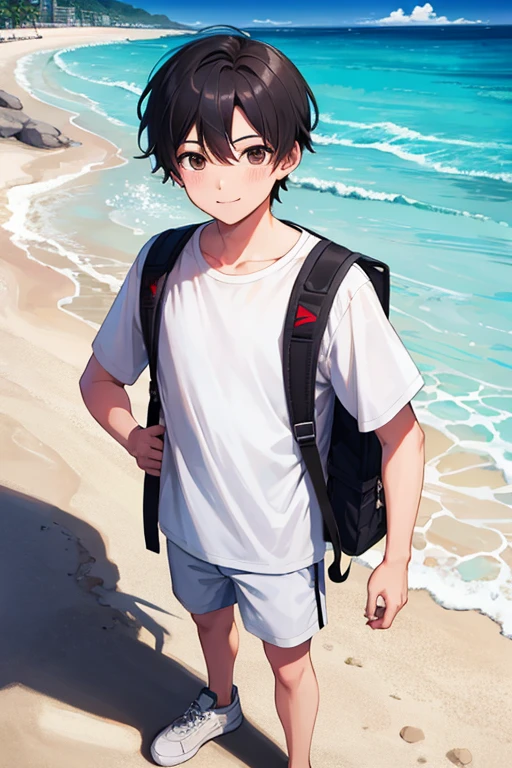 masterpiece, best quality, high resolution, extremely detailed, detailed background, cinematic lighting, 1boy, young man, looking at viewer, beach, white t-shirt, boxer shortpants , smile, wearing  backpack, (backpack:1.0), travel backpack, standing, fullbody, day, sunlight