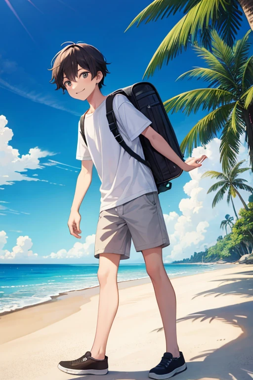 masterpiece, best quality, high resolution, extremely detailed, detailed background, cinematic lighting, 1boy, young man, looking at viewer, beach, white t-shirt, boxer shortpants , smile, wearing  backpack, (backpack:1.0), travel backpack, standing, fullbody, day, sunlight