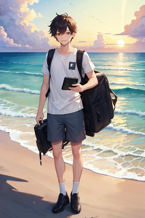 masterpiece, best quality, high resolution, extremely detailed, detailed background, cinematic lighting, 1boy, young man, looking at viewer, beach, white t-shirt, boxer shortpants , smile, wearing  backpack, (backpack:1.0), travel backpack, standing, fullbody, day, sunlight