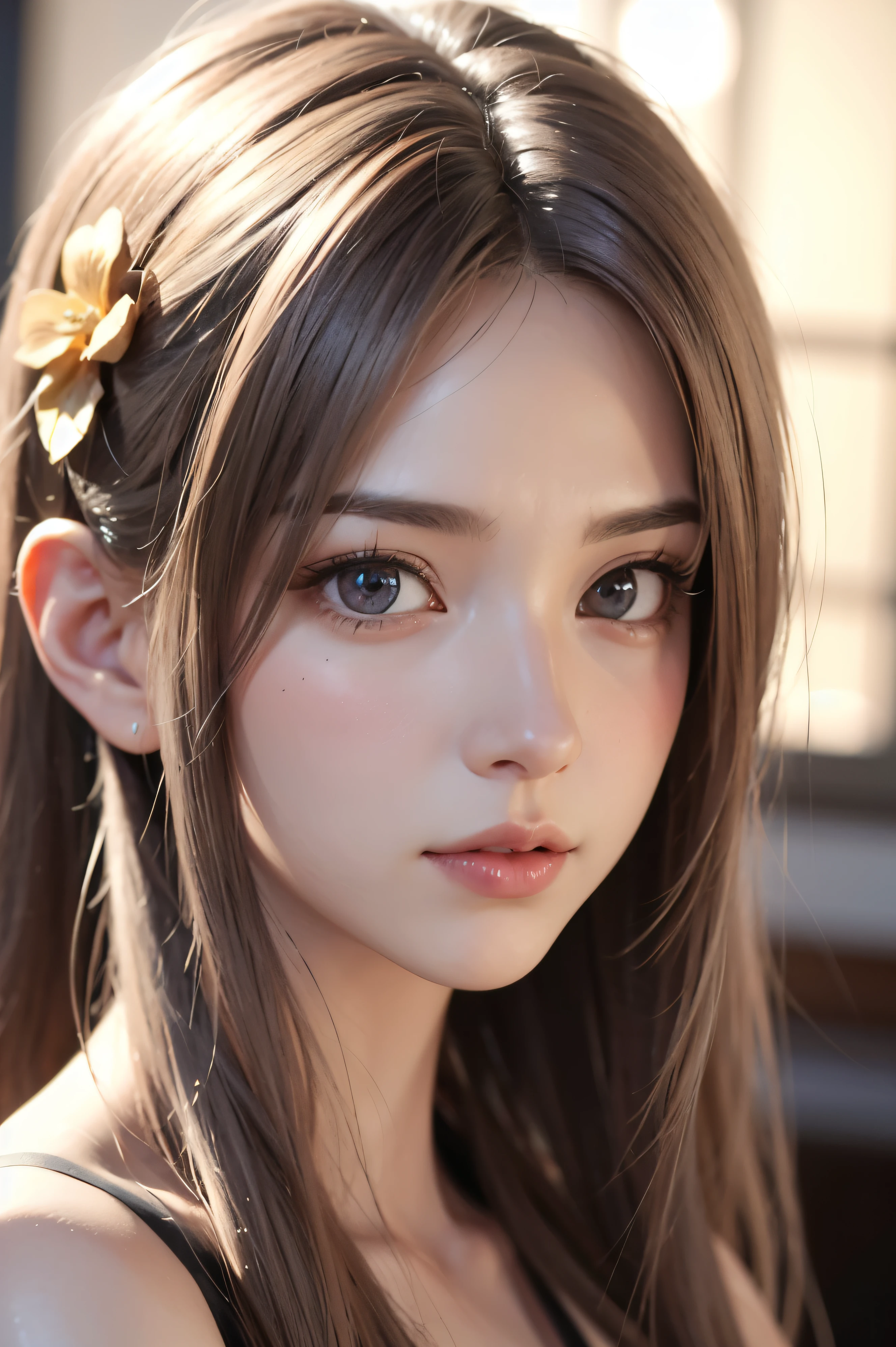 beautiful girl,anime,a 3d render,goddess face,big eyes,sharp eyes,extre melydetailed face,with symmetrical detailed beautiful eyes,8k,sharp picture,close-up,long hair brown,digital paintin,cinemetic lighting,chiaroscuro,high detal,flower pink,golden and silver tone