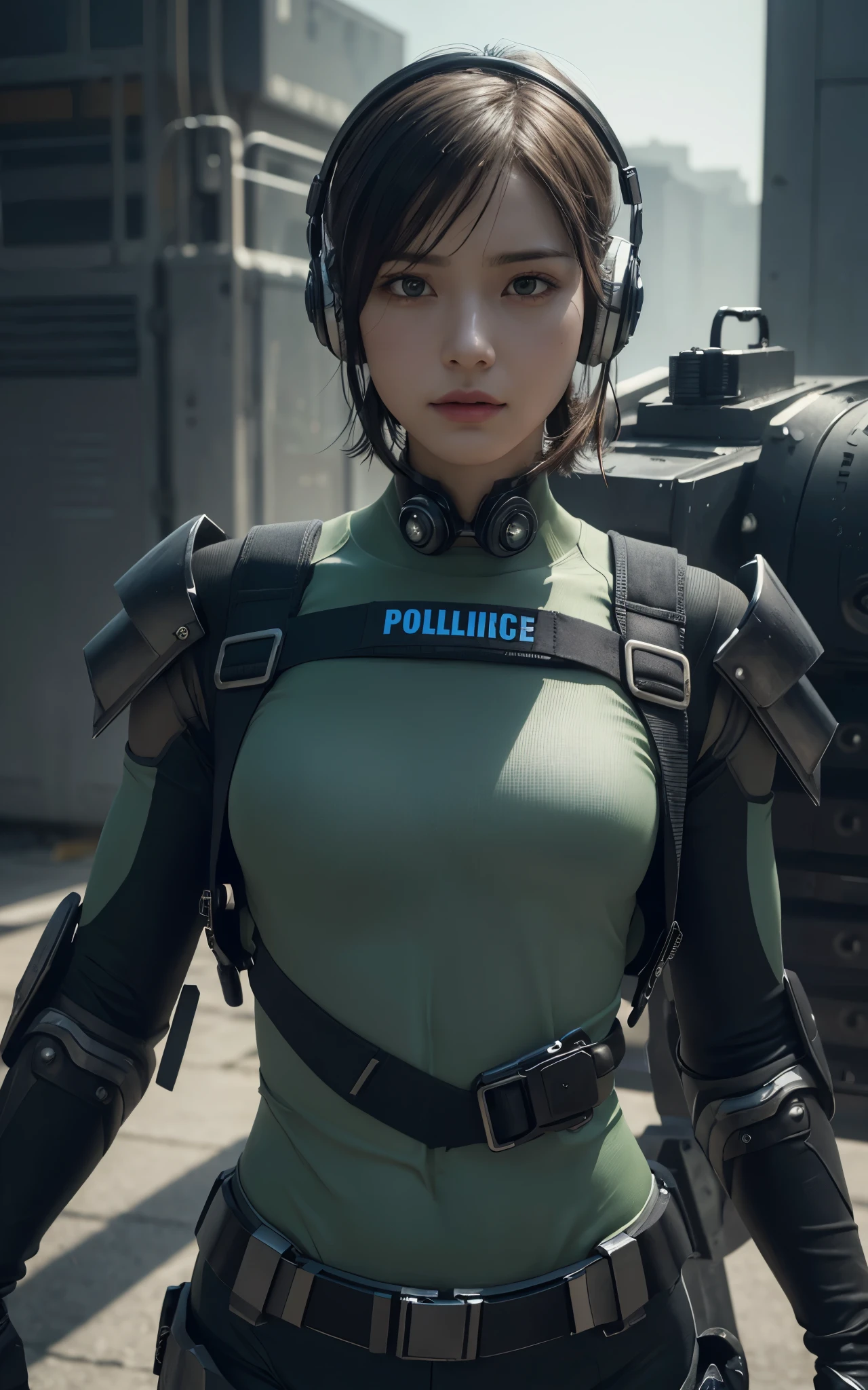 Dark Body 8K Drive Rendering, 1 Female Cyborg, anatomy correct, Green Shortcut Hair, Wear wearing rash-guard likes police uniform, black and gray mecha, wearing high-tech heavy headset, military harness, holding a machinegun, battle armor, battle posing, Skin pores, Detailed complex iris, very dark lighting, heavy shadow, Detailed and detailed face, ((photos realistic, realist, Dramatic, murky, sharp focus)),