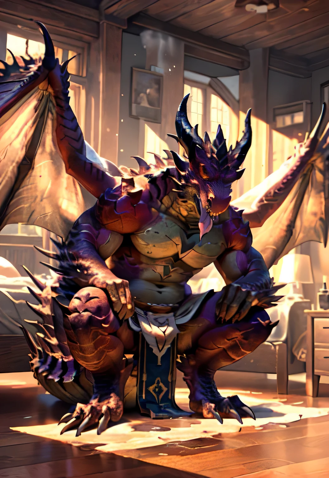alone, (muscular), (male human dragon):1.3, bright scales, (Kamimay):1.3, (Common:1.4) (pray):1.23, (,wearing a short white loincloth), exquisite eyes, lizard tail,a pair of dragon horns, a pair of dragon wings, (exquisite eyes,stripe,sharp claws,cute animal feet,Stick out your tongue,a careless person,Spilled liquid all over my body.,air leak under car body,Fluid leaking from the lower body,Milk spilled on the floor,shining eyes):1.1, (In my room:1.35), in the bedroom,Squatting on the bed,dim,be licked,enjoy,addicted, My face turned red.,color,submit,caress,drunk,laugh,enjoy,looking at camera,submit,It is interesting,detailed background,In reality,realistic hands,8k high dynamic range,(shadow,Wide dynamic range,high dynamic range,highlight:1.2)