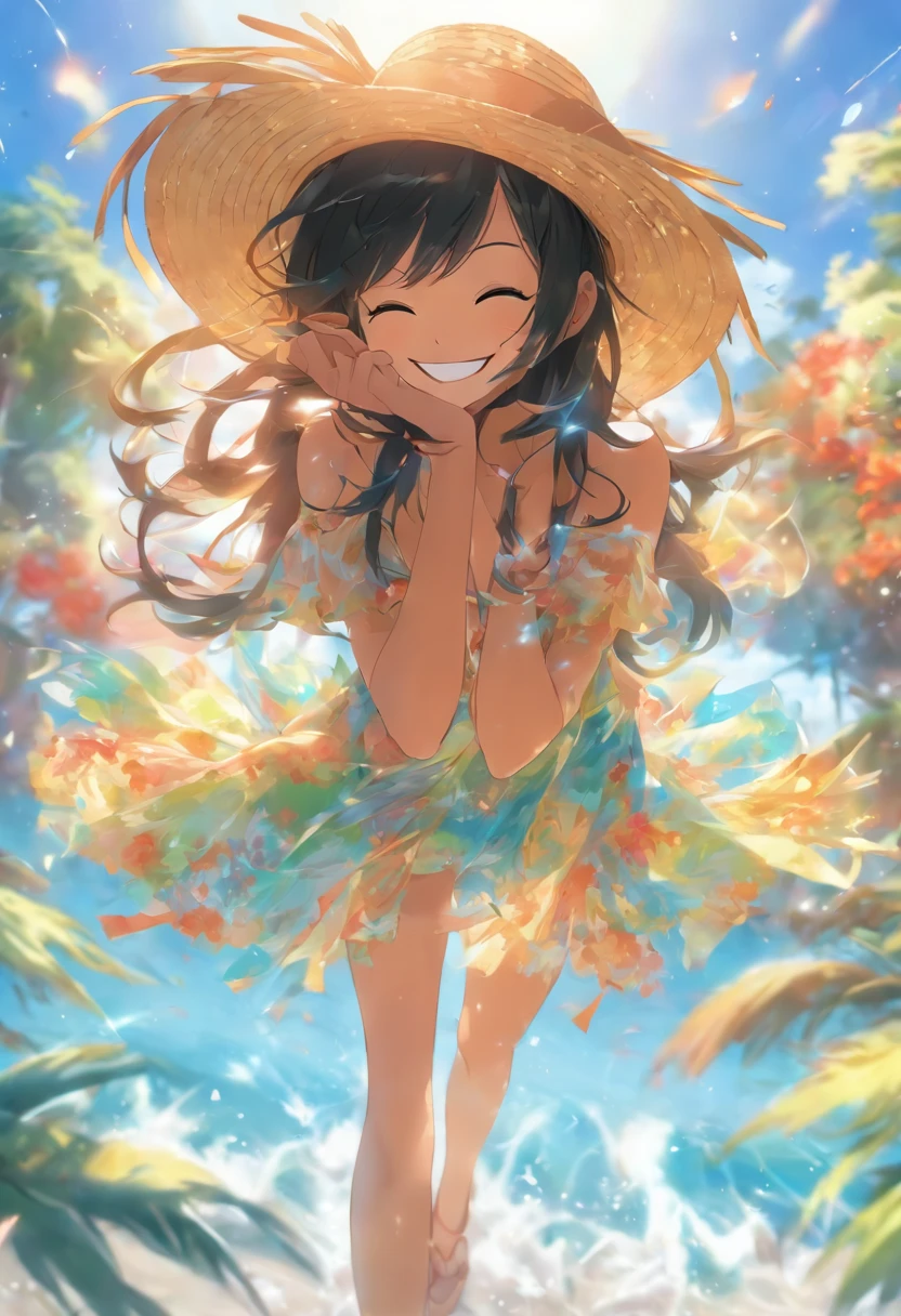 a straw fedora hat、A big smile、top-quality、masterpiece、summer、blue-sky、Long black hair