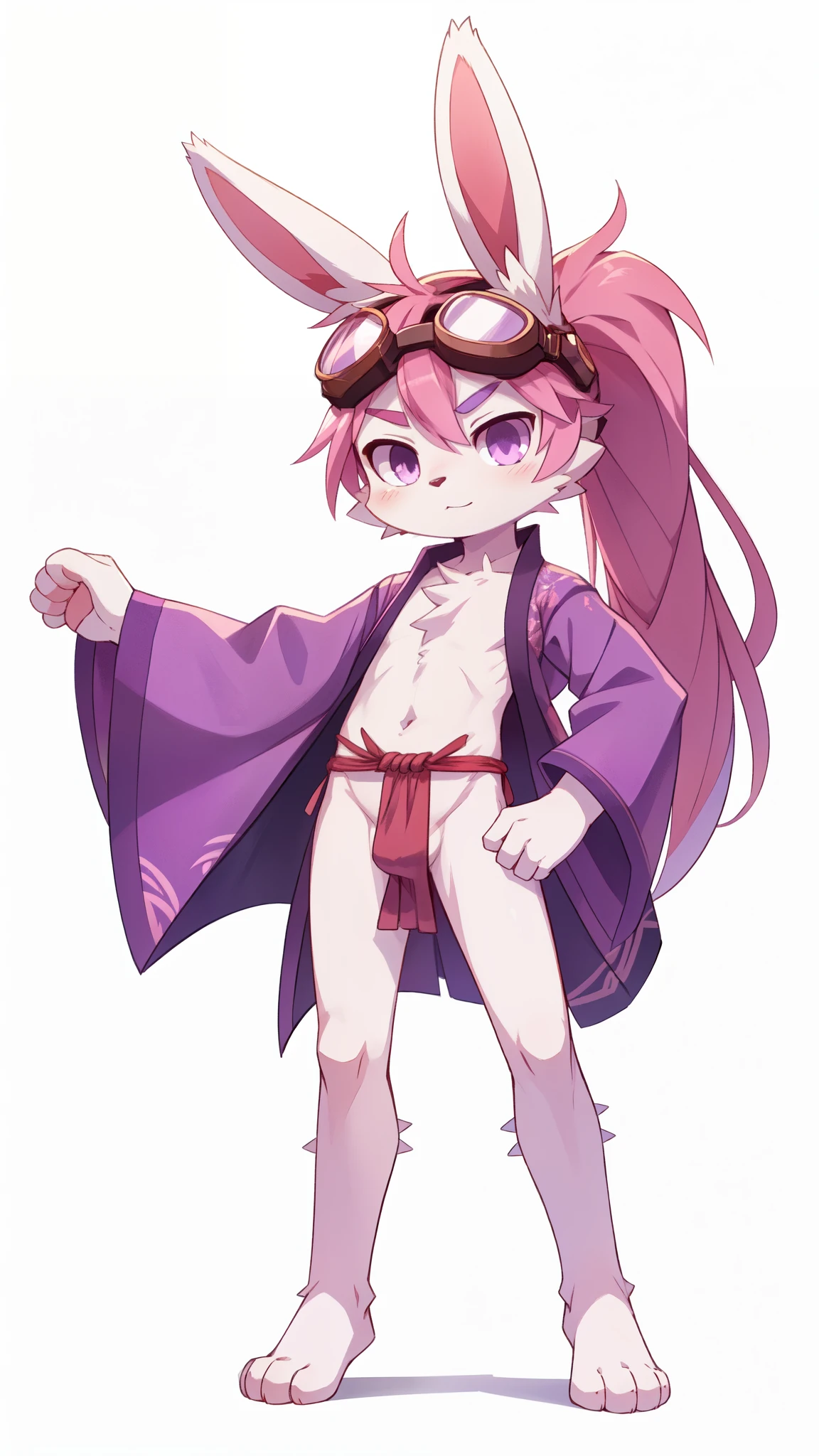 furry shota, rabbit, long rabbit ears, pink hair, long spiky ponytail, spiky hair, detailed body fur, pink eyes, ((purple kimono, open clothes, red fundoshi, goggles)), looking at you, white body fur, detailed face, big eyebrows, detailed eyes, detailed body, simple background, white background, detailed hands, flat body, glistering body, shiny body, skinny, spectacular effects, :3, perfect lighting, perfect shadows, perfect eyes, perfect hair, perfect face, gorgeous body, standing, katana up pose, katana, solo, full body, feets with three toes, 3 toes,