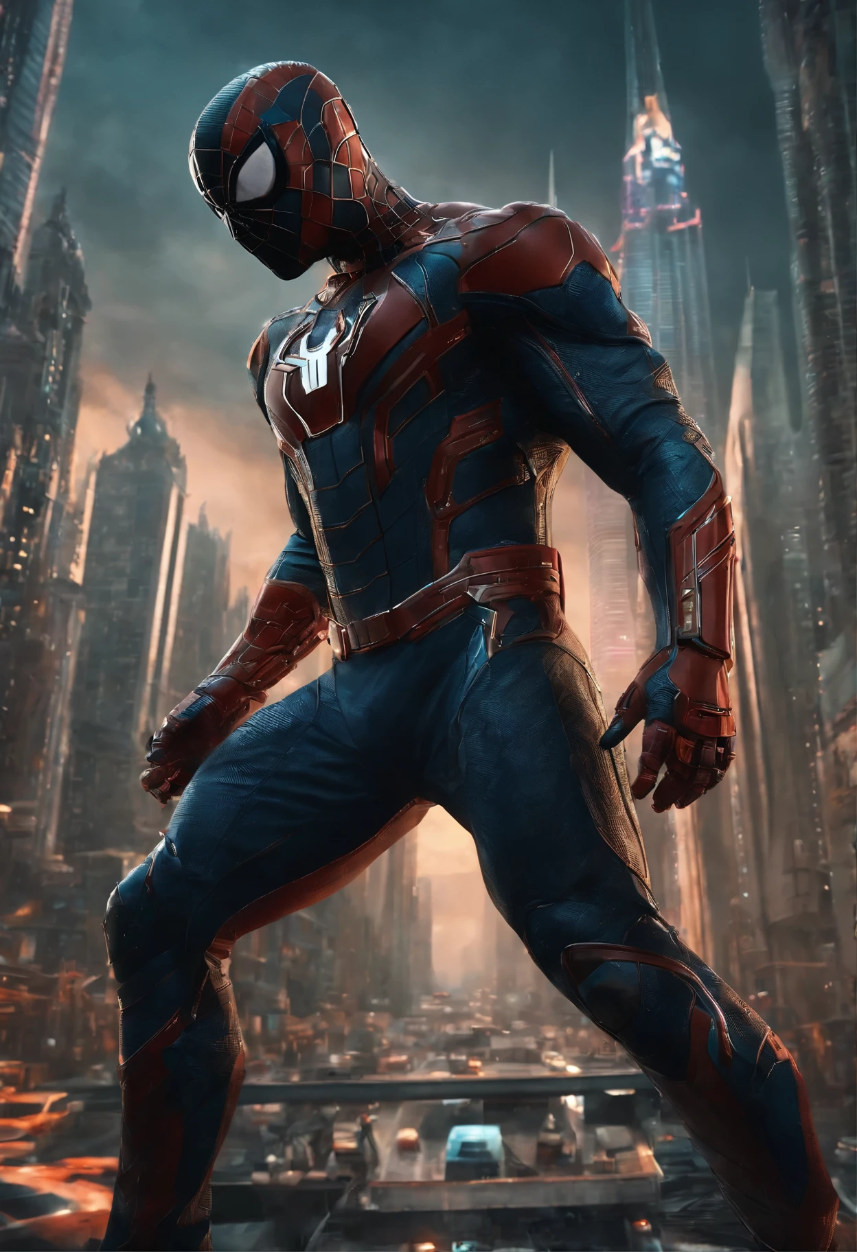 Get ready to witness the merging of the worlds of Spider-Man mixed with green goblin and Cyberpunk in one breathtaking image. Nesta obra-prima visual em 8K, You will be transported to a futuristic and dystopian environment, where the iconic Marvel hero gets a new look. O Homem-Aranha surge em uma paisagem urbana imponente, dominated by gigantic skyscrapers and holographic advertisements that shine brightly. The neon lights reflect off his cybernetic armor, creating a striking contrast between the hero's characteristic red and blue and the oppressive darkness of the environment. Seu traje, remodelado para se adequar ao estilo Cyberpunk, features metallic details and futuristic lines, combining functionality and futuristic aesthetics. The advanced fabric, adornado com circuitos luminosos, it seems to pulsate with electronic energy as Spider-Man prepares to face the challenges of this chaotic world. The surrounding city is full of characteristic elements of the Cyberpunk style, como carros voadores, cyber implan
