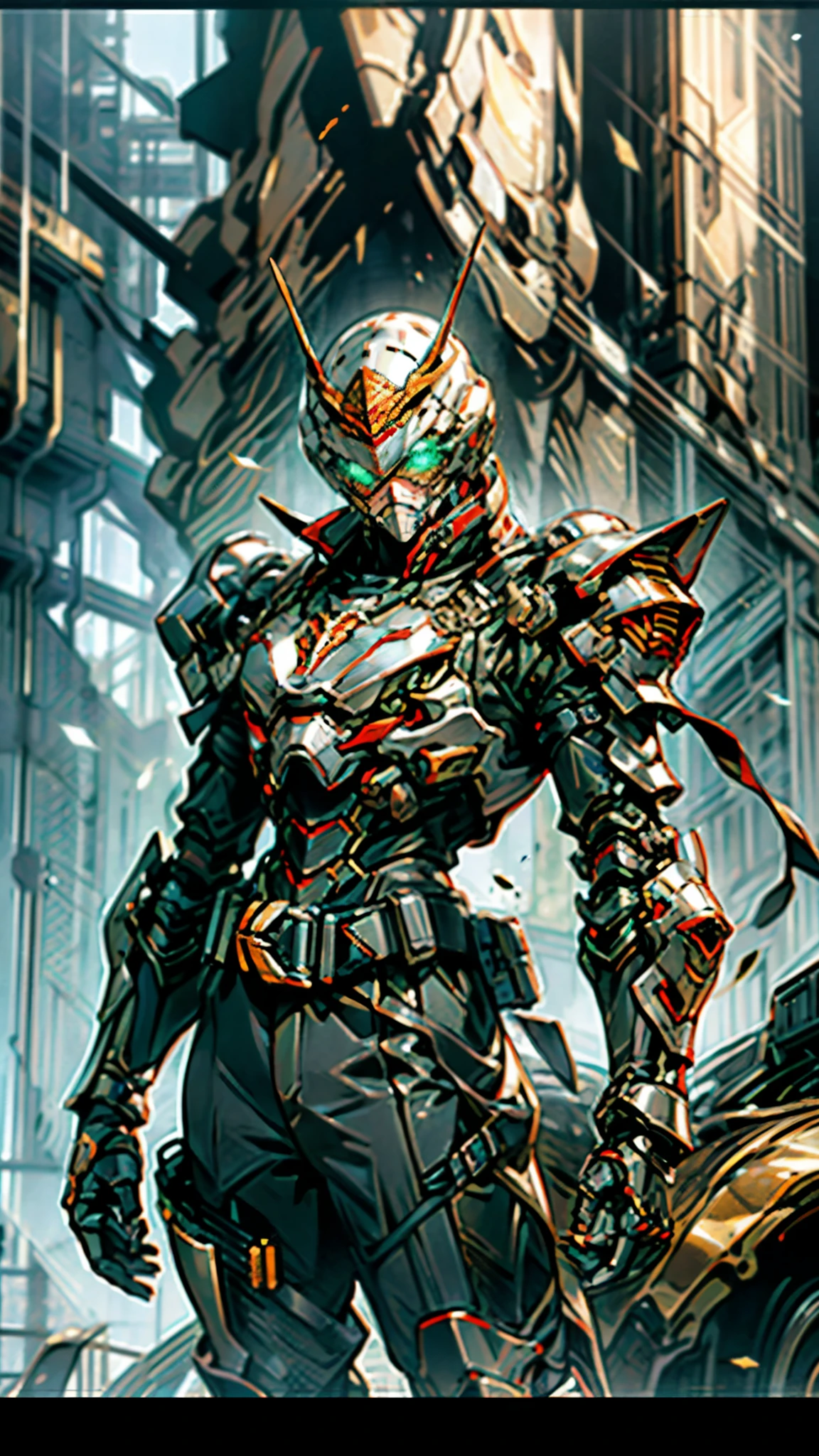 A man wearing a full-face helmet, a fantasy-style biotech armored combat suit, green eyes, (a composite layered chest armor), fully enclosed shoulder guards, matching arm and leg guards, the belt is adorned with dragon claw grasping orbs, (primarily black with red accents), the design balances heavy with agility, a high-tech bio-mecha armor, (Dynastinae concept Armor, stand on the top of a skyscraper in a futuristic sci-fi city), this character embodies a finely crafted fantasy-surreal style armored hero in anime style, exquisite and mature manga art style, (element, plasma, energy, the armor glows), ((male:1.5)), metallic, real texture material, dramatic, high definition, best quality, highres, ultra-detailed, ultra-fine painting, extremely delicate, professional, perfect body proportions, golden ratio, anatomically correct, symmetrical face, extremely detailed eyes and face, high quality eyes, creativity, RAW photo, UHD, 32k, Natural light, cinematic lighting, masterpiece-anatomy-perfect, masterpiece:1.5