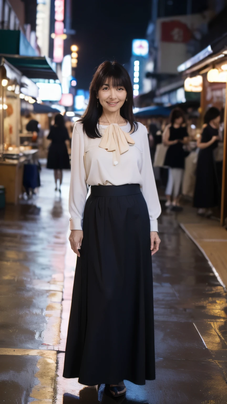 ((Top Quality)), ((8K)), ((Masterpiece: 1.3)), (Perfect Appearance), (Photorealism: 1.6), (Japanese Woman Walking in the Alley at the End of the Market), (Shinjuku Golden at Night City: 1.4), (Bar area: 1.2), (Precise background), Japanese mature woman, (60 years old), (Japanese mature woman with flexible movements1.2), ((upright, front, center of screen)), ((realistic skin texture)), (fine wrinkles throughout the skin), (dullness of the skin), (moisture ( Wrinkles on the face), (wrinkles at the corners of the eyes), double eyelids, tear bags on the lower eyelids, eyes turned towards you, a smile with the corners of the mouth raised wide, short bangs, straight medium hair, long hair, hair blowing in the wind, (Stylish blouse and long skirt made of soft fabric: 1.4), (long skirts), (full body portrait: 1.4),