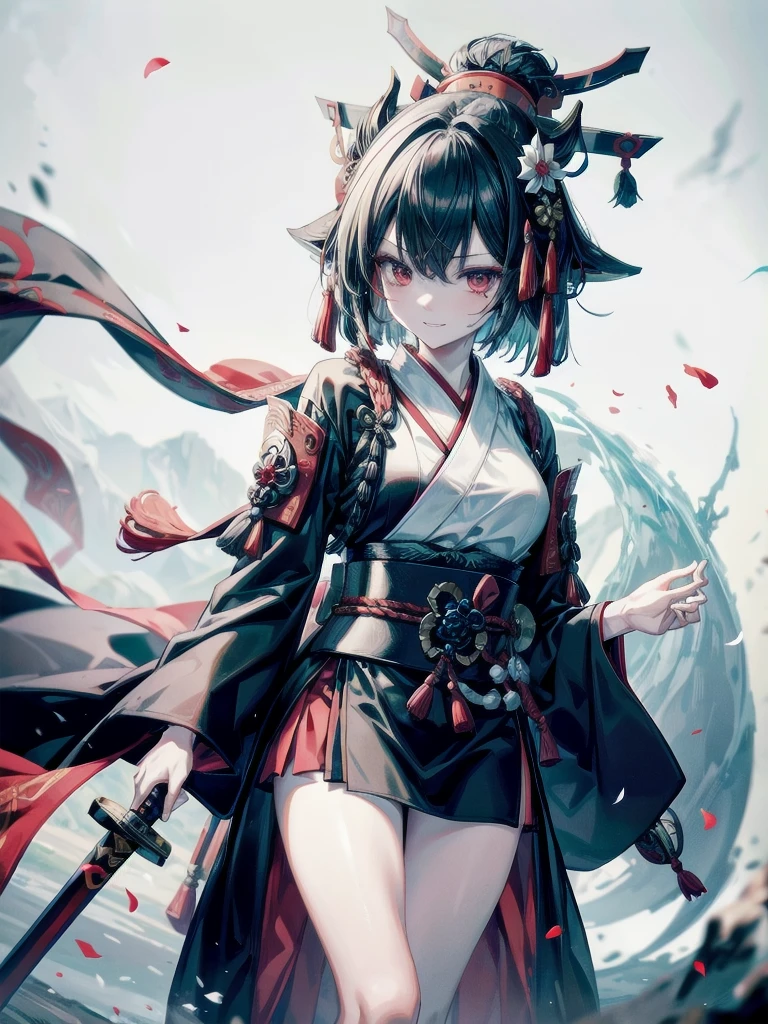 (shrine), red-black costume, holding a sword, Onmyoji, nobushi, Flowing white robe, Ghost fire, Daoism, Fox Mask, absurdres, RAW photo, extremely delicate and beautiful, masterpiece, Best Quality, ultra high resolution, 32k, hyperrealistic, ultra-detailed, detailed description, pale skin, 20 years old, tearful mole, earring, Colossal tits, short medium hair, wavy hair, evil grin, full body shot,