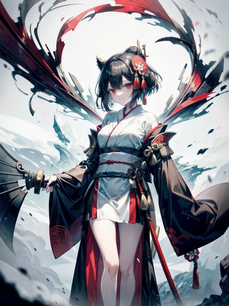(shrine), red-black costume, holding a sword, Onmyoji, nobushi, Flowing white robe, Ghost fire, Daoism, Fox Mask, absurdres, RAW photo, extremely delicate and beautiful, masterpiece, Best Quality, ultra high resolution, 32k, hyperrealistic, ultra-detailed, detailed description, pale skin, 20 years old, tearful mole, earring, Colossal tits, short medium hair, wavy hair, evil grin, full body shot,