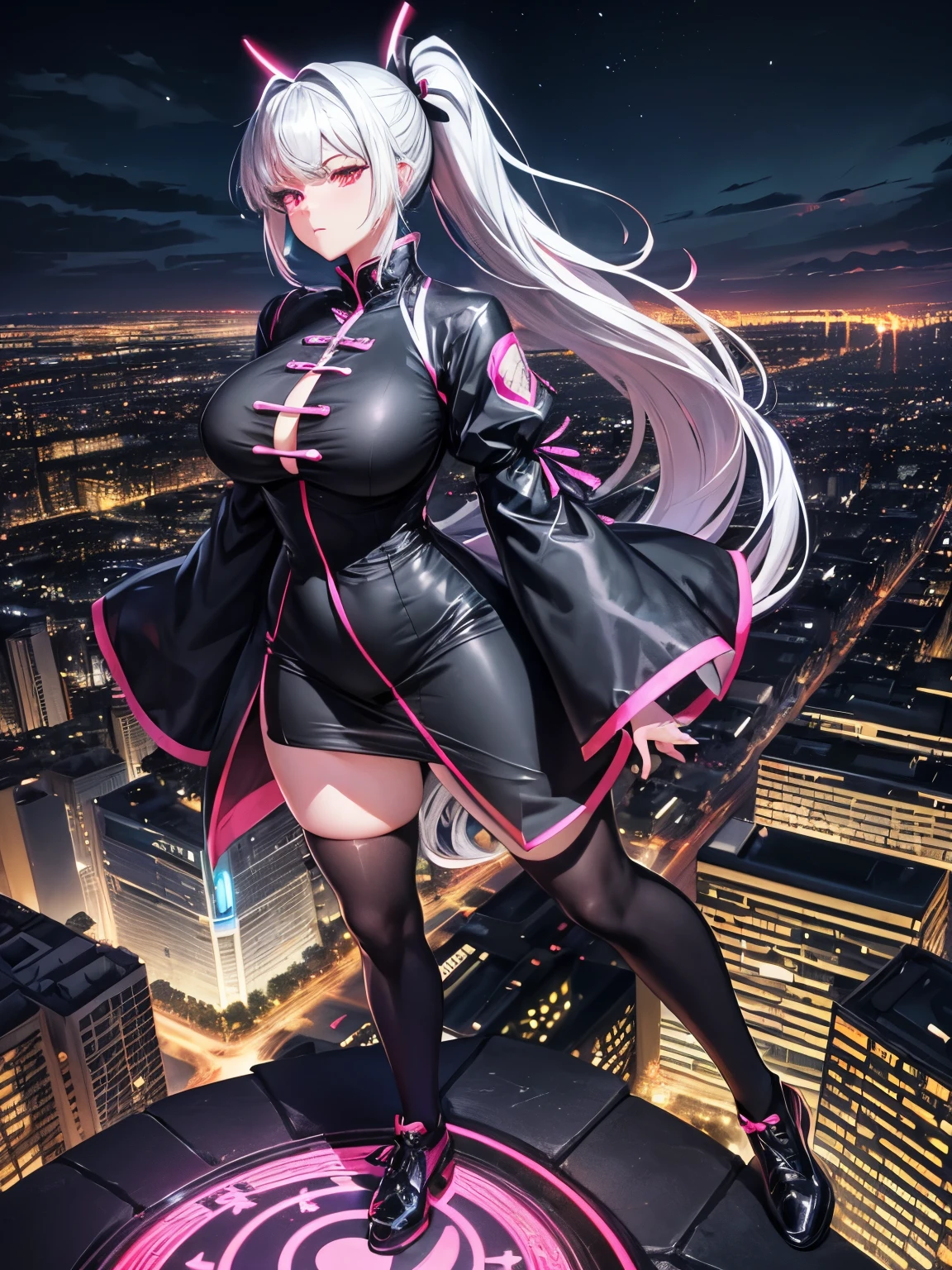 anime, (artwork, best quality, ultra-detailed, high contrast), 1 woman (Alone, full body, plus size body, standing on the edge of the skyscraper, silver hair, LONG In a ponytail, red eyes, perfect eyes ruby sparkles, (simple black qipao, black cybernetics with neon pink), transparent black socks), (skyscraper roof, overlooking a city, detailed background ((night time, Darkness, low light pollution)))