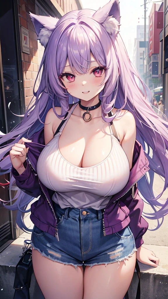 Wolf Girl, Large Breasts, Voluminous light purple hair, masterpiece , Red eyes, hd, Thick thighs, Head to Chest, buried in my chest、Double teeth、tooth、Chubby、Grinning、Vertical Line Camisole、Big Tits、Denim Jacket、white iris、
