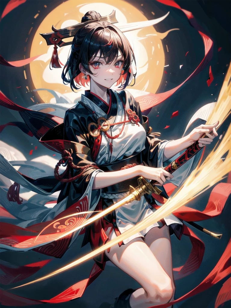 (shrine), red-black costume, holding a sword, Onmyoji, nobushi, Flowing white robe, Ghost fire, Daoism, Fox Mask, absurdres, RAW photo, extremely delicate and beautiful, masterpiece, Best Quality, ultra high resolution, 32k, hyperrealistic, ultra-detailed, detailed description, pale skin, 20 years old, tearful mole, earring, Colossal tits, short medium hair, wavy hair, evil grin, full body shot,