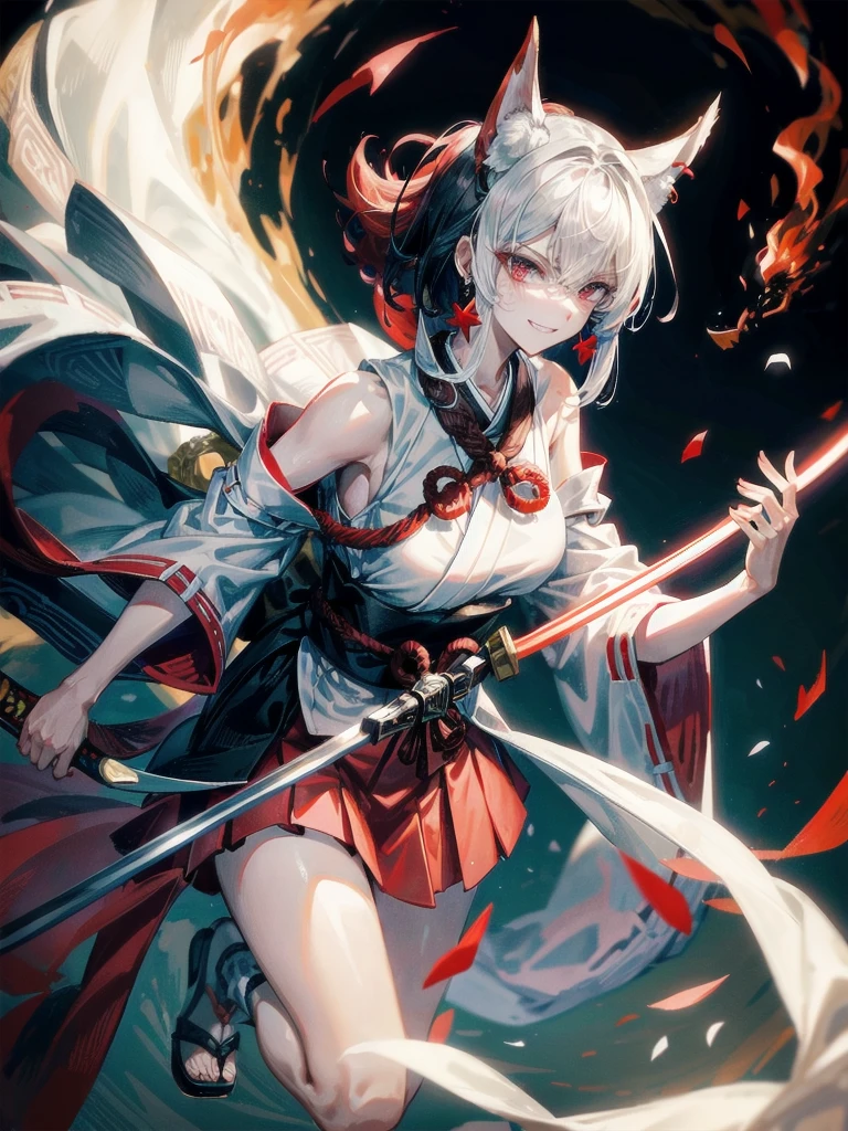 (shrine), red-black costume, holding a sword, Onmyoji, nobushi, Flowing white robe, Ghost fire, Daoism, Fox Mask, absurdres, RAW photo, extremely delicate and beautiful, masterpiece, Best Quality, ultra high resolution, 32k, hyperrealistic, ultra-detailed, detailed description, pale skin, 20 years old, tearful mole, earring, Colossal tits, short medium hair, wavy hair, evil grin, full body shot,