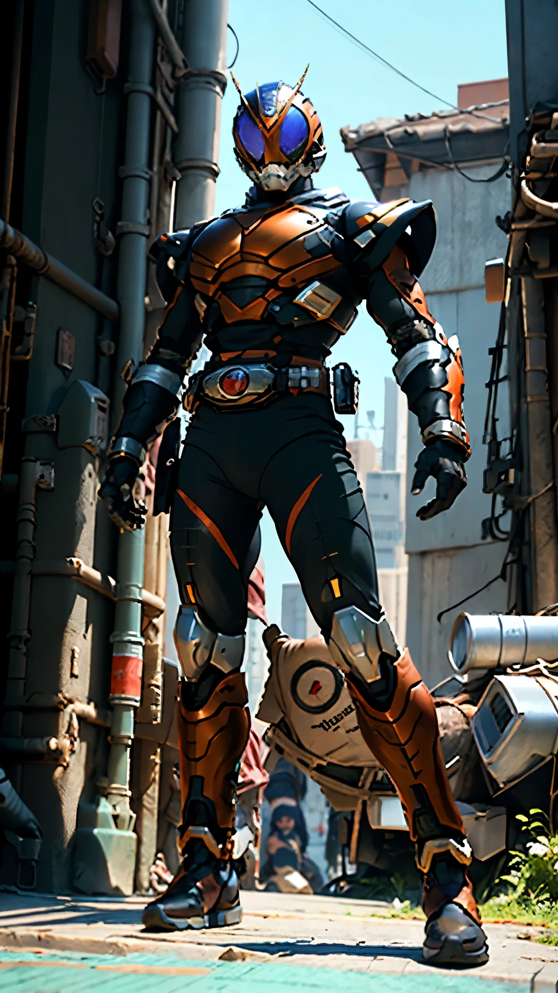 A man wearing a full-face helmet, a fantasy-style biotech armored combat suit, green eyes, (a composite layered chest armor), fully enclosed shoulder guards, matching arm and leg guards, the belt is adorned with Beetle-shaped gem, (the color scheme is primarily black with red accents), the design balances heavy with agility, a high-tech bio-mecha armor, (Dynastinae concept Armor, stand on the top of a skyscraper in a futuristic sci-fi city), this character embodies a finely crafted fantasy-surreal style armored hero in anime style, exquisite and mature manga art style, (element, plasma, energy, the armor glows), ((male:1.5)), metallic, real texture material, dramatic, high definition, best quality, highres, ultra-detailed, ultra-fine painting, extremely delicate, professional, perfect body proportions, golden ratio, anatomically correct, symmetrical face, extremely detailed eyes and face, high quality eyes, creativity, RAW photo, UHD, 32k, Natural light, cinematic lighting, masterpiece-anatomy-perfect, masterpiece:1.5