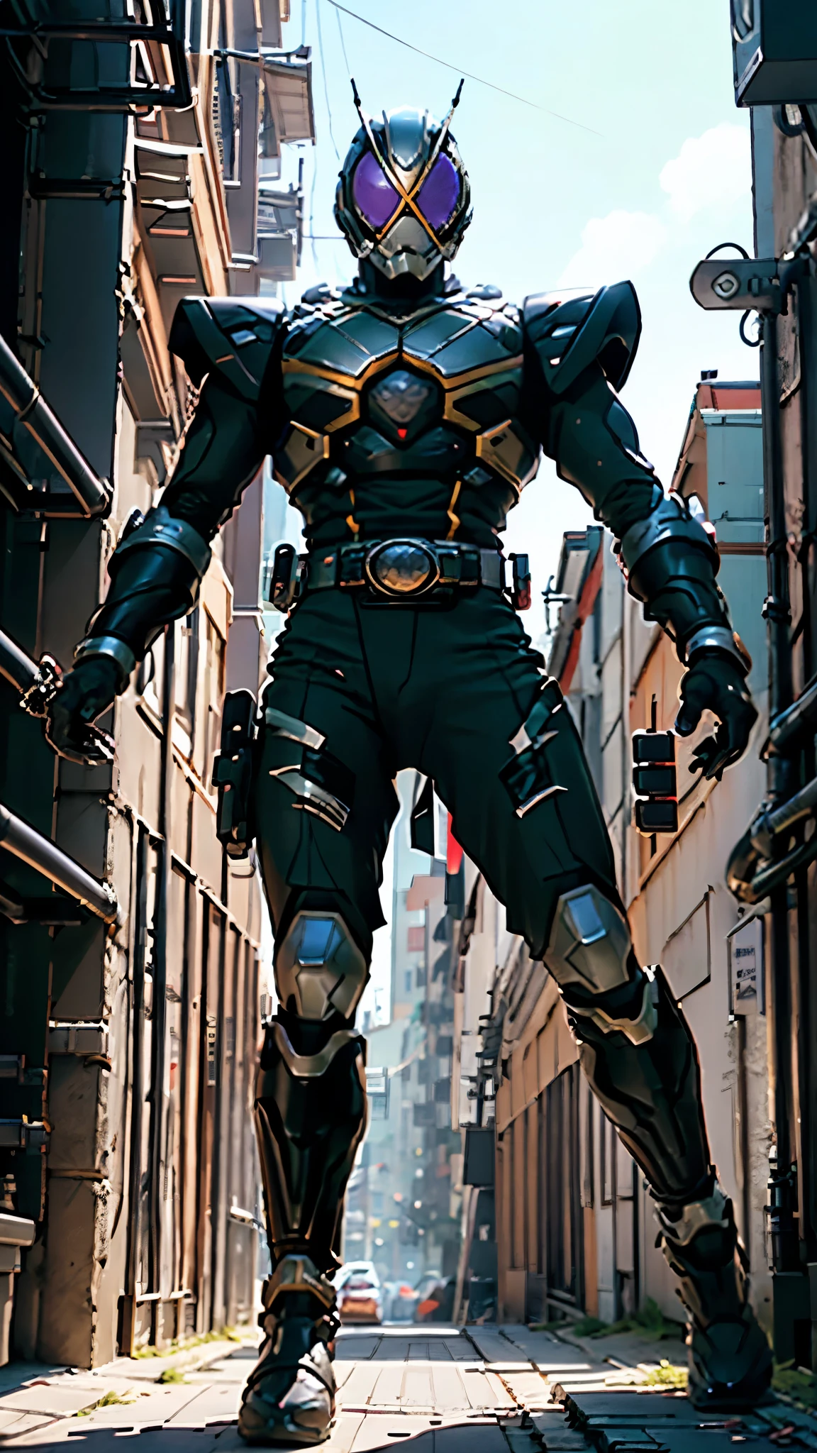 A man wearing a full-face helmet, a fantasy-style biotech armored combat suit, green eyes, (a composite layered chest armor), fully enclosed shoulder guards, matching arm and leg guards, the belt is adorned with Beetle-shaped gem, (the color scheme is primarily black with red accents), the design balances heavy with agility, a high-tech bio-mecha armor, (Dynastinae concept Armor, stand on the top of a skyscraper in a futuristic sci-fi city), this character embodies a finely crafted fantasy-surreal style armored hero in anime style, exquisite and mature manga art style, (element, plasma, energy, the armor glows), ((male:1.5)), metallic, real texture material, dramatic, high definition, best quality, highres, ultra-detailed, ultra-fine painting, extremely delicate, professional, perfect body proportions, golden ratio, anatomically correct, symmetrical face, extremely detailed eyes and face, high quality eyes, creativity, RAW photo, UHD, 32k, Natural light, cinematic lighting, masterpiece-anatomy-perfect, masterpiece:1.5