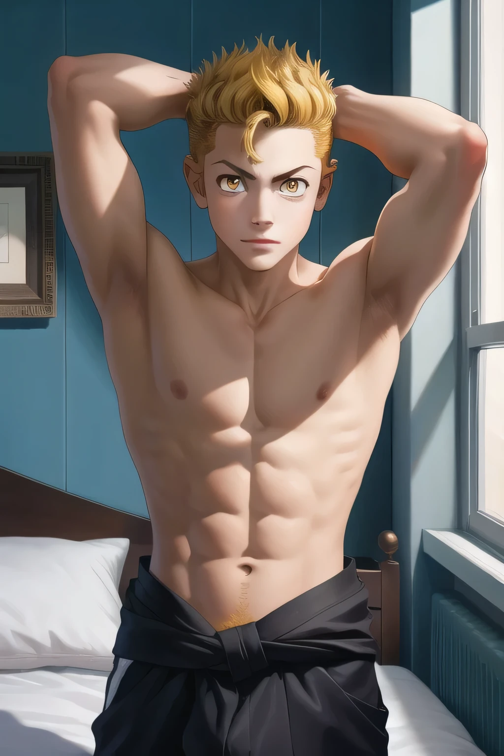 masterpiece, best quality, high quality, 1boy, solo, male focus, shirtless, yellow eyes, lay on bed, hand behind head, waist. 