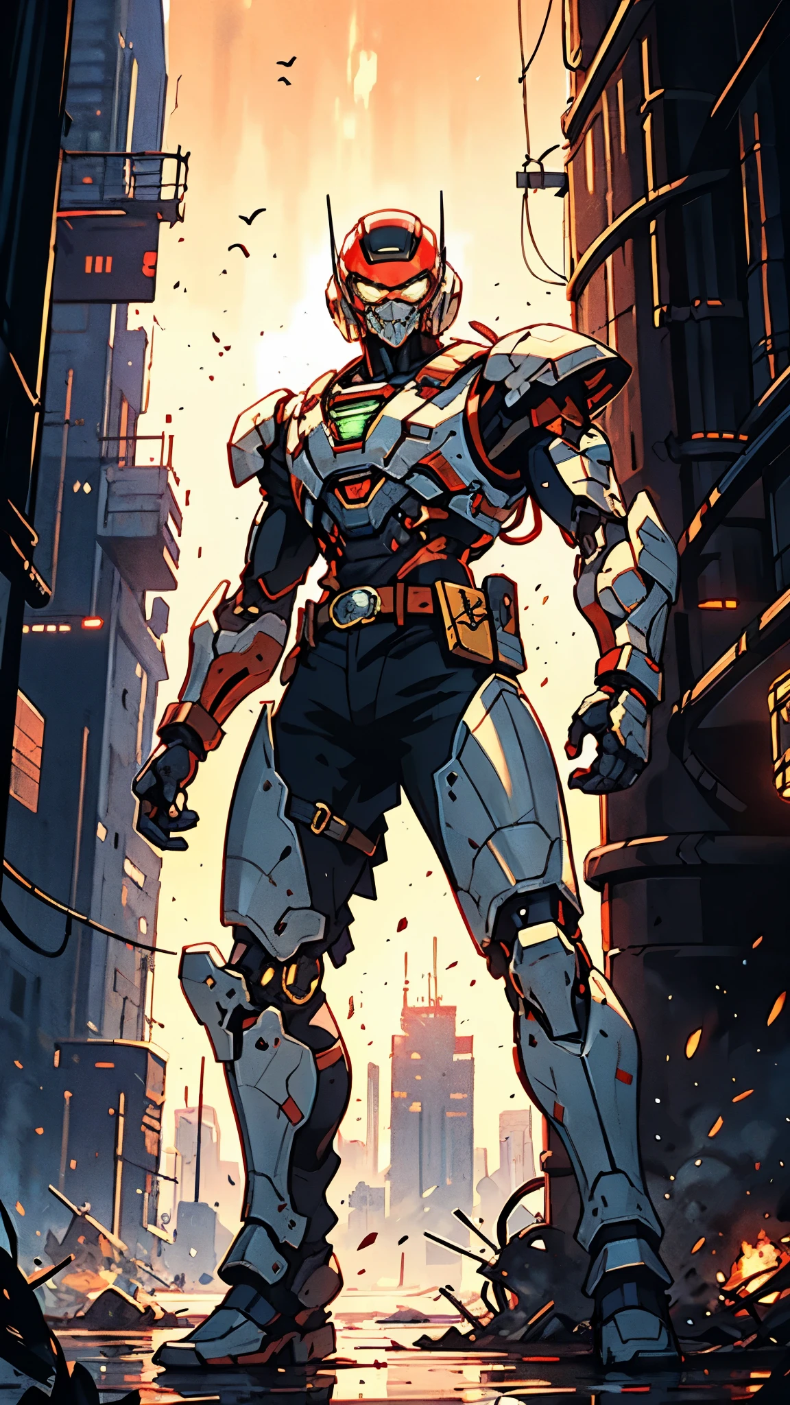 A man wearing a full-face helmet, a fantasy-style biotech armored combat suit, green eyes, (a composite layered chest armor), fully enclosed shoulder guards, matching arm and leg guards, the belt is adorned with Beetle-shaped gem, (the color scheme is primarily black with red accents), the design balances heavy with agility, a high-tech bio-mecha armor, (Dynastinae concept Armor, stand on the top of a skyscraper in a futuristic sci-fi city), this character embodies a finely crafted fantasy-surreal style armored hero in anime style, exquisite and mature manga art style, (element, plasma, energy, the armor glows), ((male:1.5)), metallic, real texture material, dramatic, high definition, best quality, highres, ultra-detailed, ultra-fine painting, extremely delicate, professional, perfect body proportions, golden ratio, anatomically correct, symmetrical face, extremely detailed eyes and face, high quality eyes, creativity, RAW photo, UHD, 32k, Natural light, cinematic lighting, masterpiece-anatomy-perfect, masterpiece:1.5