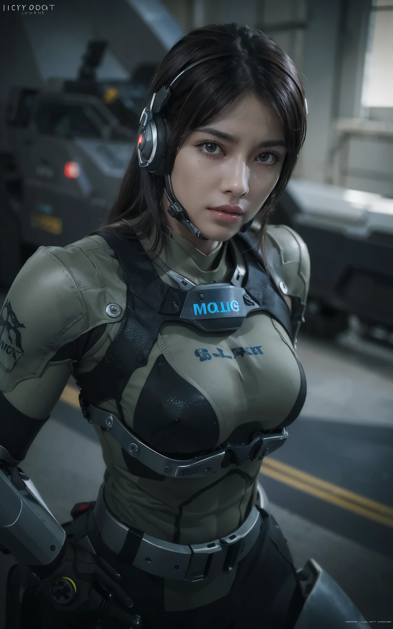 Dark Body 8K Drive Rendering, 1Cyborg lady, anatomy correct, brown long Hair, Wear wearing rash-guard likes police uniform, black and gray mecha, wearing high-tech heavy headset, military harness, holding a machinegun, battle armor, action posing, Skin pores, Detailed complex iris, very dark lighting, heavy shadow, Detailed and detailed face, ((photos realistic, realist, Dramatic, murky, sharp focus)),