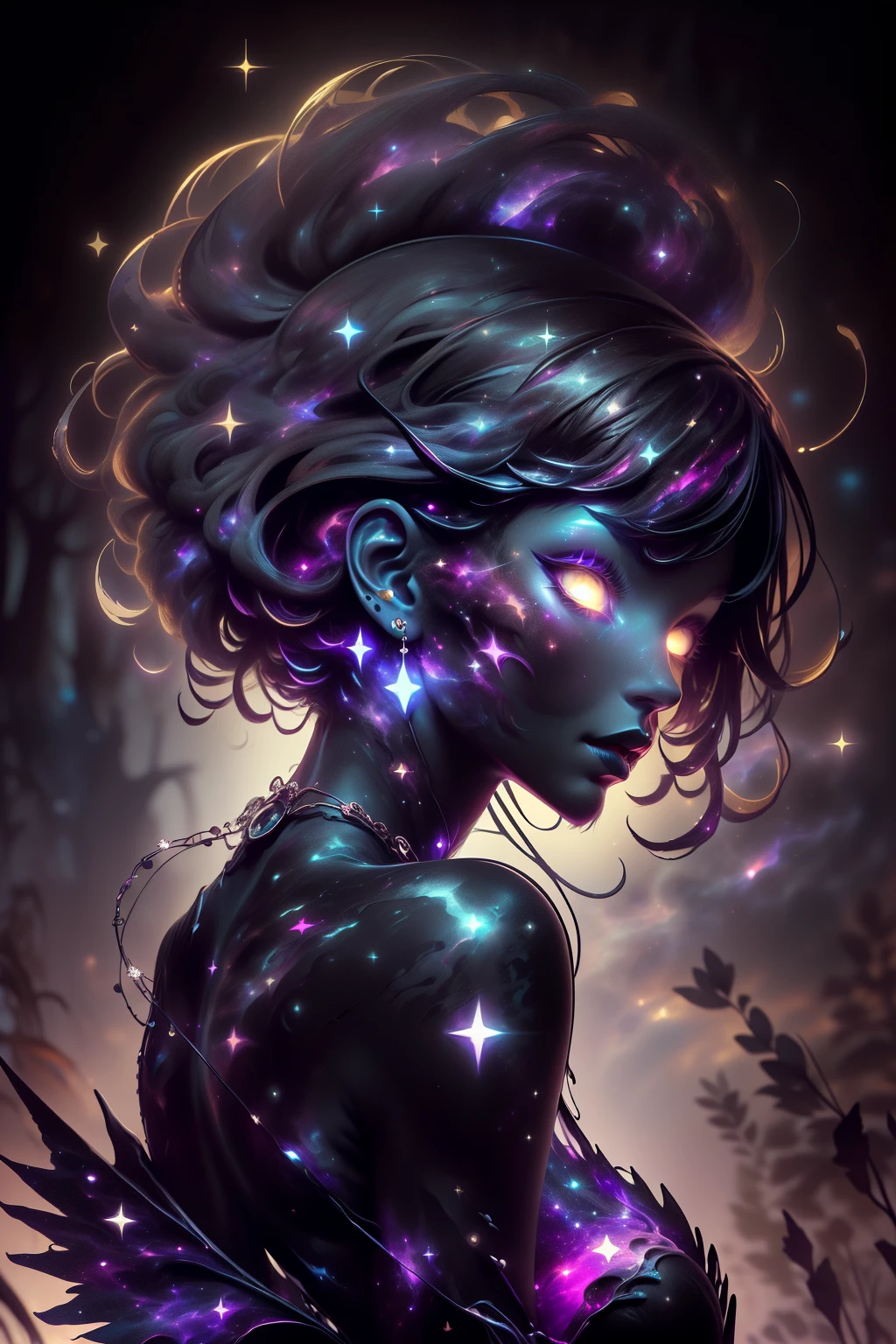 (((This is a dark image))). Generate a dark celestial woman with ((extremely perfect)) eyes and (((pure black galaxy skin))). Her ((onyx black)) but (soft) face should be highly detailed and realistically shaded with puffy lips. (((Her face is important.))) Her wings are delicate but stunning, with many small fantasy details. This is a (((masterpiece))). Utilize dynamic composition and expressions to create a cinematic experience. Include glittering and delicate jewelry. The background of the image should be pure back, leaving the woman as the focal point of the image. ((dark celestialskin body, void cosmic body)), ornate, (((dark background))), (((lights off))), (((hollywood dark))), horror, dramatic shadows, (in a dark fantasy space:1.3, glitter, sparkle, gleam),