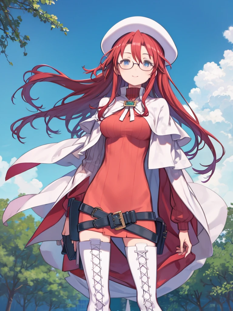 masterpiece、highest quality、High resolution、Very detailed、((Flat Color))、woman、cute、Smiling、(aty, long hair, blue eyes, red hair, Hair between the eyes、Big Breasts)、thighhighs, hat, dress, boots, glasses, belt, cape, sweater, zettai ryouiki, beret, thigh boots, white footwear, ribbed sweater, loose belt、Standing in the grassland、blue sky、Hair blowing in the wind、