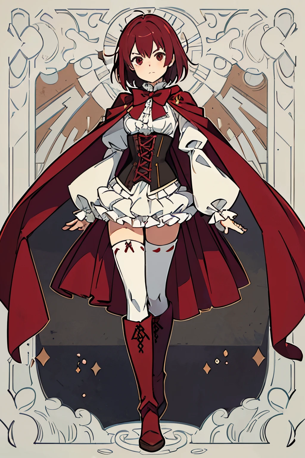 Anime male, short maroon hair, red eyes, elegant,((best quality)), ((highly detailed)), masterpiece, puffy shirt, big bowtie, corset, boots, cape, frills, The sleeves are wide at the hem, long sleeve shirt