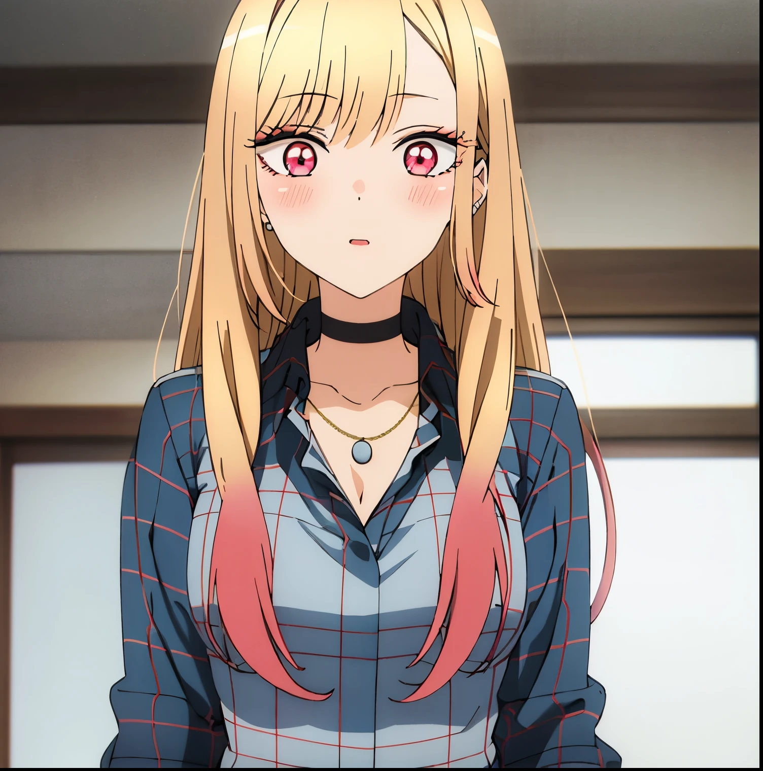 1girl, alone, marin kitagawa,long_hair, breasts, looking_at_viewer, blush, open_mouth, bangs, blonde_hair, shirt, red_eyes, jewelry, medium_breasts, collarbone, upper_body, pink_hair, multicolored_hair, collared_shirt, indoors, necklace, nail_polish, blurry, plaid, window, gradient_hair, black_choker, pink_nails, fake_nails, perfect hands, perfect anatomy 