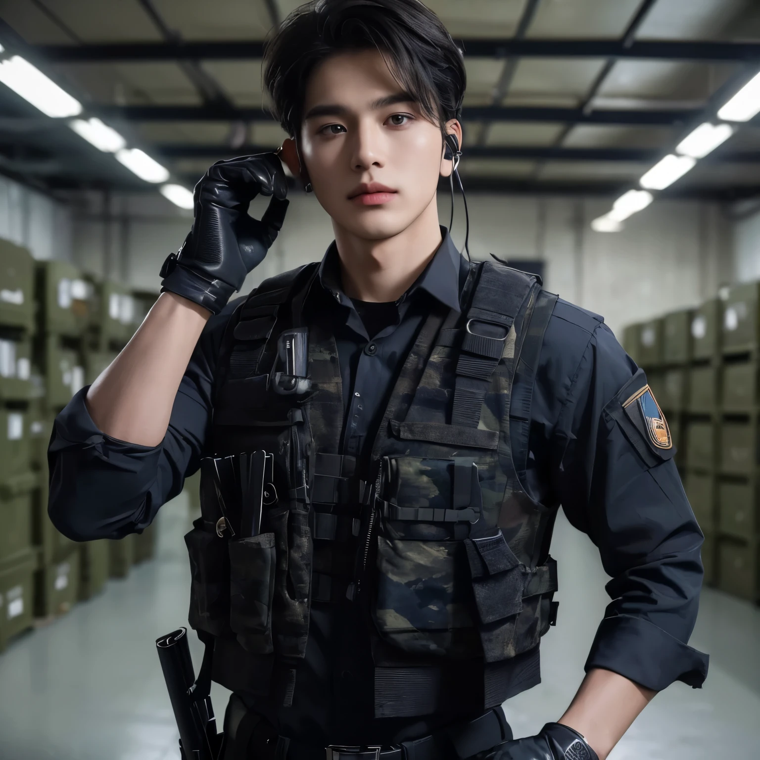 ((highest quality, 8K, masterpiece: 1.3)), a 25 year old young male soldier, close-cropped black hair, wearing navy blue camouflage clothes, wearing a bulletproof vest, wearing black gloves, looks like an Asian, dashing pose, wearing a headset over his ears, background at army headquarters, high quality, (small lips), realistic