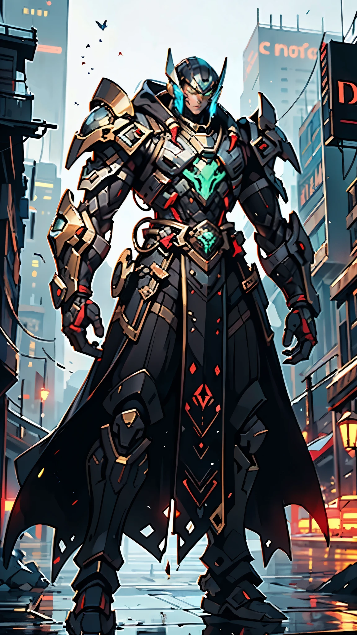 A man wearing a full-face helmet, a fantasy-style biotech armored combat suit, green eyes, (a composite layered chest armor), fully enclosed shoulder guards, matching arm and leg guards, the belt is adorned with Beetle-shaped gem, (the color scheme is primarily black with red accents), the design balances heavy with agility, a high-tech bio-mecha armor, (Dynastinae concept Armor, stand on the top of a skyscraper in a futuristic sci-fi city), this character embodies a finely crafted fantasy-surreal style armored hero in anime style, exquisite and mature manga art style, (element, plasma, energy, the armor glows), ((male:1.5)), metallic, real texture material, dramatic, high definition, best quality, highres, ultra-detailed, ultra-fine painting, extremely delicate, professional, perfect body proportions, golden ratio, anatomically correct, symmetrical face, extremely detailed eyes and face, high quality eyes, creativity, RAW photo, UHD, 32k, Natural light, cinematic lighting, masterpiece-anatomy-perfect, masterpiece:1.5