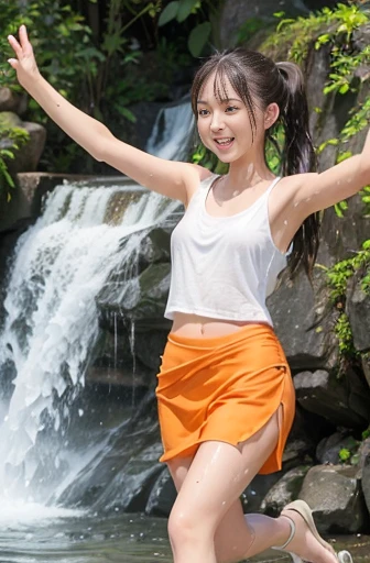 (the girl is by the waterfall:1.2), dynamic angle, Girls' Front, outstretched arms, (soaked:1.1), Air bangs, high ponytail, (cheerful grin), (white tank top), (orange long skirt), sandals, (detailed wet clothes:1.3), water splash, mountain,