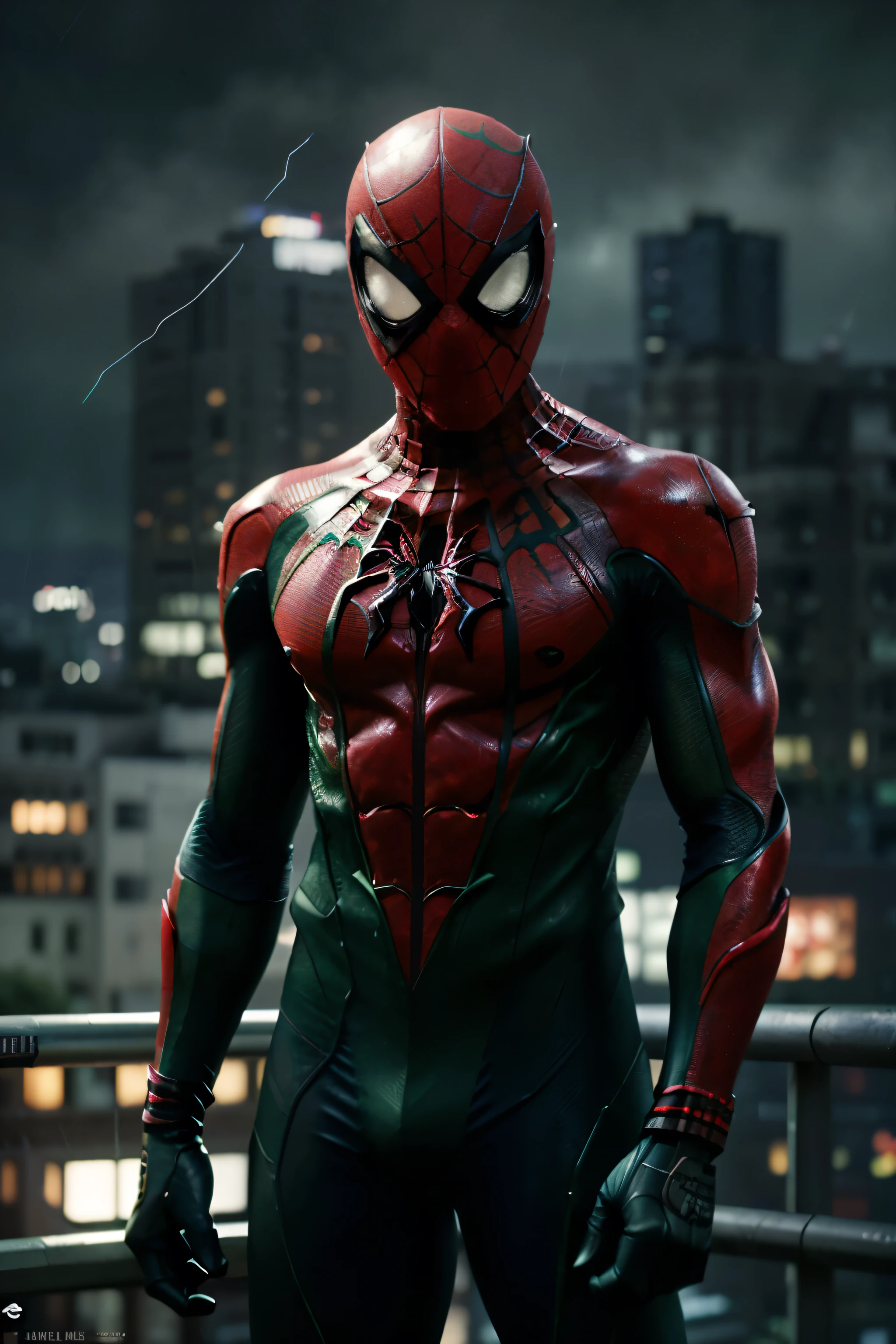 Green-Spiderman mixed with green goblin as one character, robot armor, Miles Morales, perfect lighting, head picture, look at camera, with a broken mask, Night, Hard Rain, ultra realistic 4k, award-winning digital art, (extremely detailed: 1.5), (soft lighting:1.2), high town background. Text Spiderman