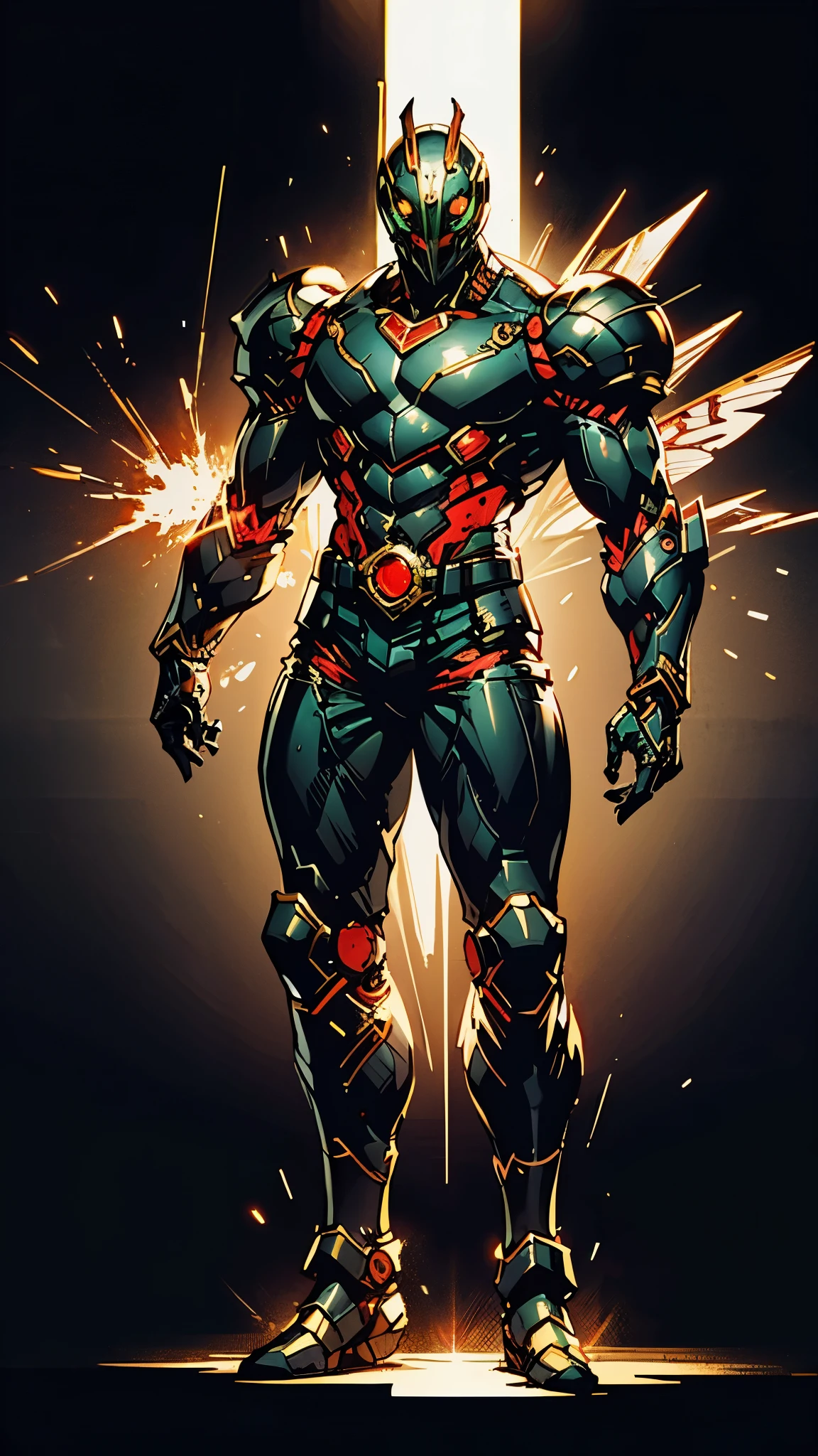 A man wearing a full-face helmet, a fantasy-style biotech armored combat suit, green eyes, (a composite layered chest armor), fully enclosed shoulder guards, matching arm and leg guards, the belt is adorned with Beetle-shaped gem, (the color scheme is primarily black with red accents), the design balances heavy with agility, a high-tech bio-mecha armor, (Dynastinae concept Armor, stand on the top of a skyscraper in a futuristic sci-fi city), this character embodies a finely crafted fantasy-surreal style armored hero in anime style, exquisite and mature manga art style, (element, plasma, energy, the armor glows), ((male:1.5)), metallic, real texture material, dramatic, high definition, best quality, highres, ultra-detailed, ultra-fine painting, extremely delicate, professional, perfect body proportions, golden ratio, anatomically correct, symmetrical face, extremely detailed eyes and face, high quality eyes, creativity, RAW photo, UHD, 32k, Natural light, cinematic lighting, masterpiece-anatomy-perfect, masterpiece:1.5