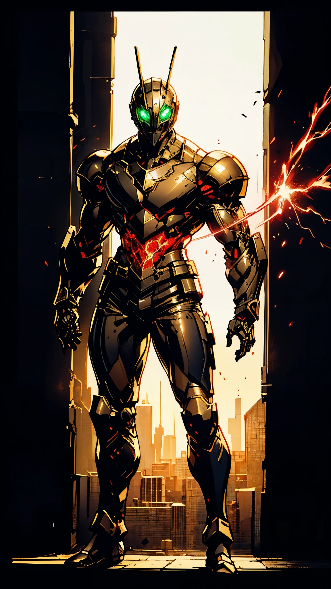 A man wearing a full-face helmet, a fantasy-style biotech armored combat suit, green eyes, (a composite layered chest armor), fully enclosed shoulder guards, matching arm and leg guards, the belt is adorned with Beetle-shaped gem, (the color scheme is primarily black with red accents), the design balances heavy with agility, a high-tech bio-mecha armor, (Dynastinae concept Armor, stand on the top of a skyscraper in a futuristic sci-fi city), this character embodies a finely crafted fantasy-surreal style armored hero in anime style, exquisite and mature manga art style, (element, plasma, energy, the armor glows), ((male:1.5)), metallic, real texture material, dramatic, high definition, best quality, highres, ultra-detailed, ultra-fine painting, extremely delicate, professional, perfect body proportions, golden ratio, anatomically correct, symmetrical face, extremely detailed eyes and face, high quality eyes, creativity, RAW photo, UHD, 32k, Natural light, cinematic lighting, masterpiece-anatomy-perfect, masterpiece:1.5