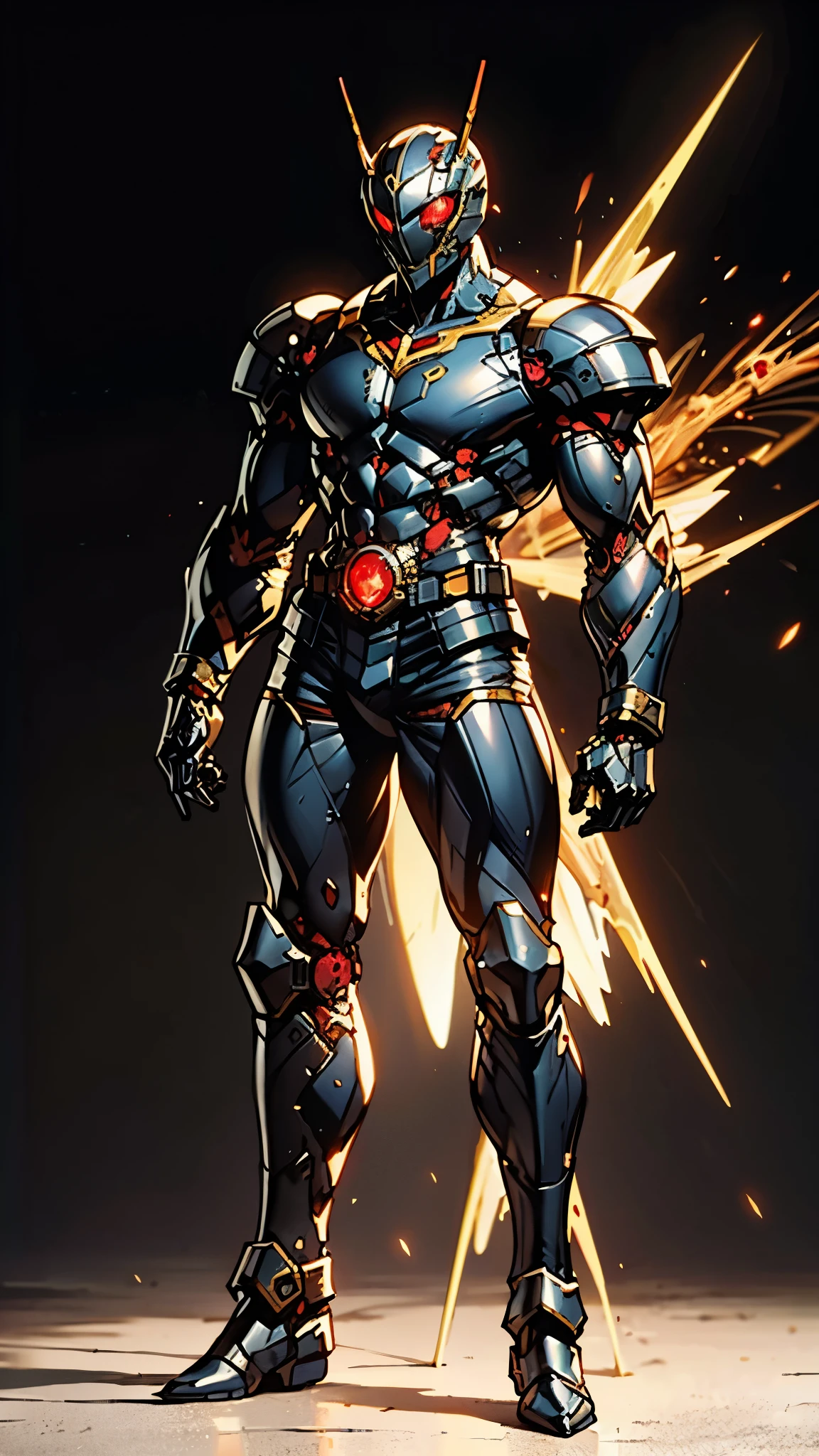 A man wearing a full-face helmet, a fantasy-style biotech armored combat suit, green eyes, (a composite layered chest armor), fully enclosed shoulder guards, matching arm and leg guards, the belt is adorned with Beetle-shaped gem, (the color scheme is primarily black with red accents), the design balances heavy with agility, a high-tech bio-mecha armor, (Dynastinae concept Armor, stand on the top of a skyscraper in a futuristic sci-fi city), this character embodies a finely crafted fantasy-surreal style armored hero in anime style, exquisite and mature manga art style, (element, plasma, energy, the armor glows), ((male:1.5)), metallic, real texture material, dramatic, high definition, best quality, highres, ultra-detailed, ultra-fine painting, extremely delicate, professional, perfect body proportions, golden ratio, anatomically correct, symmetrical face, extremely detailed eyes and face, high quality eyes, creativity, RAW photo, UHD, 32k, Natural light, cinematic lighting, masterpiece-anatomy-perfect, masterpiece:1.5