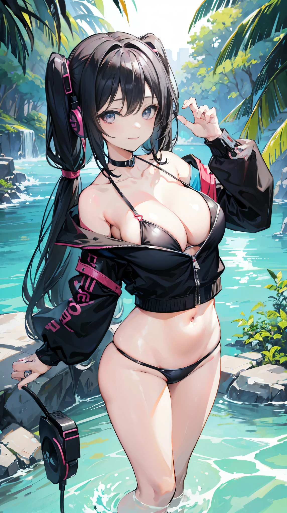 masterpiece,anime style,chibi,sexy girl,black hair,shoulder length hair with two pigtails,bikini,with headphones,smiling,big breasts,waiting on the right side of the image,showing cleavage,full body,standing,nude,