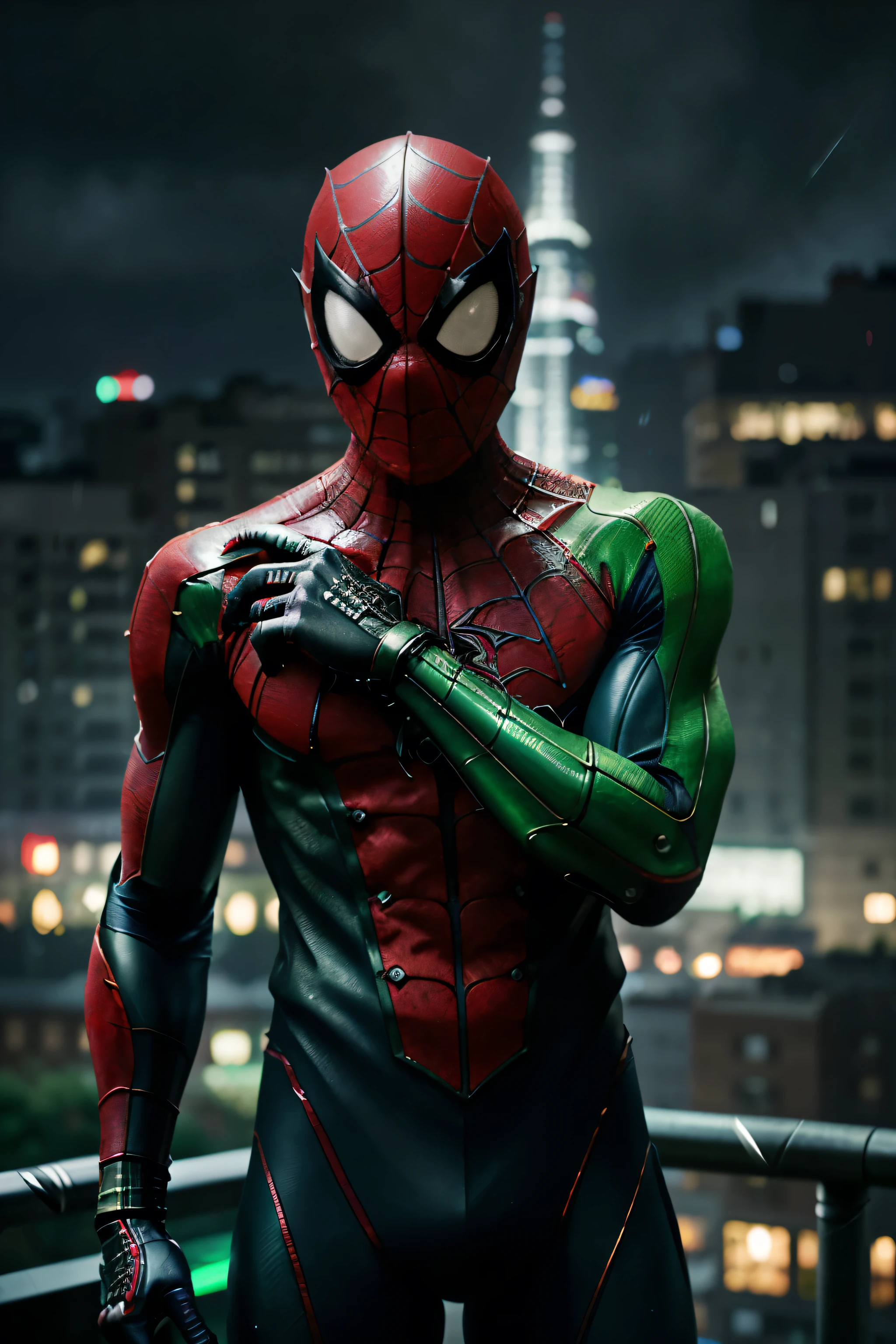 Green-Spiderman mixed with green goblin as one character, robot armor, Miles Morales, perfect lighting, head picture, look at camera,  with a broken mask, Night, Hard Rain, ultra realistic 4k, award-winning digital art, (extremely detailed: 1.5), (soft lighting:1.2), high town background. Text Spiderman