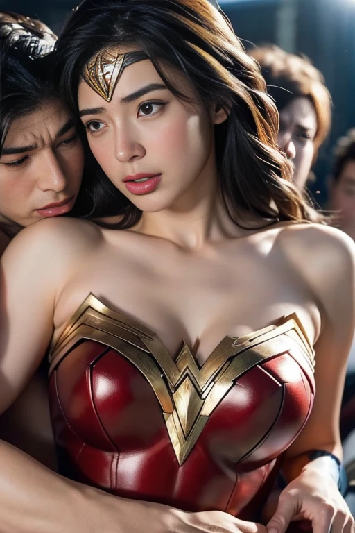 私はWonder Womanです、完璧なWonder Womanの衣装,押しdefeat,defeat,A man straddles me,Grabbed by the face、Hug from the front,I was hugged,be strangled to death,You can have it.,Men lick my face with their tongues,The guys lick my head with their tongues,Men lick my hair with their tongues,My body is licked by men,sleeping face,close ~ eye,Open your mouth,Tired face,Face of Suffering,Being slapped in the face,Getting punched in the face,Fighting with men,Fight with the men,Surrounded by men,,Caught between men,Being held back by men,Entanglement with males, Being attacked by a man,Brown Hair,  masterpiece、beautiful girl、fine eye、puffy eye、highest quality, 超High resolution, (reality: 1.4), Cinema Lighting,so beautiful、Beautiful Skin、(超reality的な)、(High resolution)、(8k)、(Very detailed)、(美しくて立派なeye)、(Very detailed)、 Detailed face、Diagonal bangle hair、Brown Hair、20-year-old、Wonder Womanのコスプレ，Wonder Woman