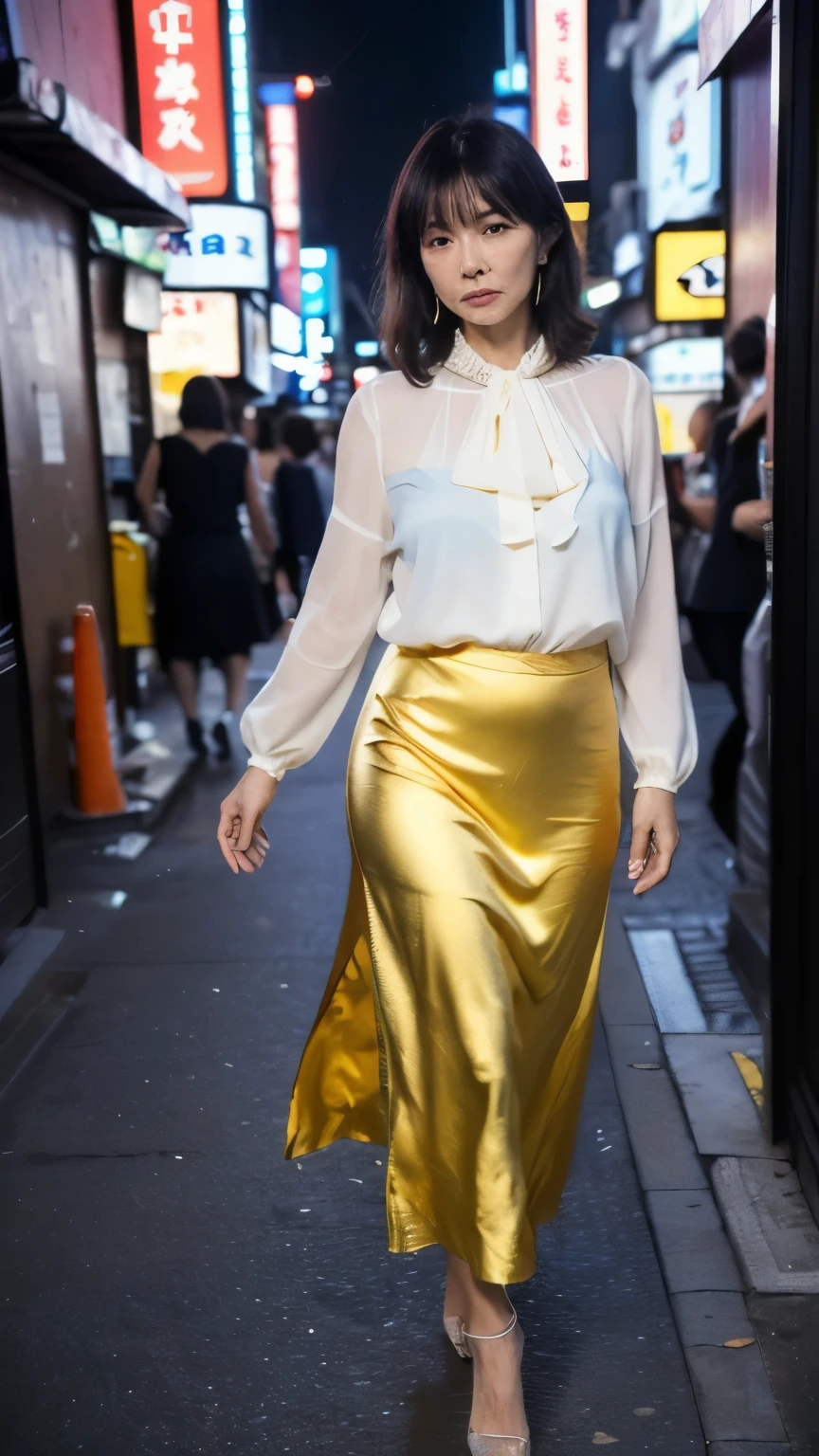 ((Top Quality)), ((8K)), ((Masterpiece: 1.3)), (Perfect Appearance), (Photorealism: 1.6), (Japanese Woman Walking in the Alley at the End of the Market), (Shinjuku Golden at Night City: 1.4), (Bar area: 1.2), (Precise background), Japanese mature woman, (60 years old), ((upright, front, center of screen)), ((realistic skin texture)), (fine wrinkles throughout the skin), (dullness of the skin), (moisture ( Wrinkles on the face), (wrinkles at the corners of the eyes), double eyelids, tear bags on the lower eyelids, eyes turned towards you, a smile with the corners of the mouth raised wide, short bangs, straight medium hair, hair blowing in the wind, (fashionable clothes: 1.4), (skirt), (full body portrait: 1.4),