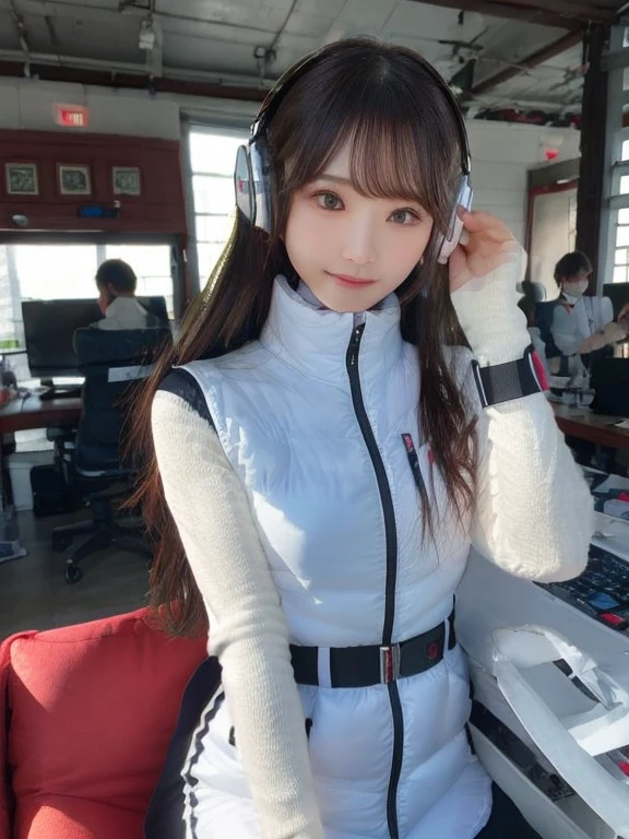 masterpiece, highest quality, Very detailed, 8K Portrait,japanese android girl,Plump , Control panel,Robotic arms and legs, Blunt bangs,,BREAK (metallic gray, metallic luster, mirror finish, astrovest):5,headphone:5,BREAK (black sleeves):100,smartwatch,futuristic space station,control room,BREAK headphone,blue eyes,(black hair):2,(long hair):1.3,look at viewer,(Respirator),BREAK blush:3,hidden hands,smile