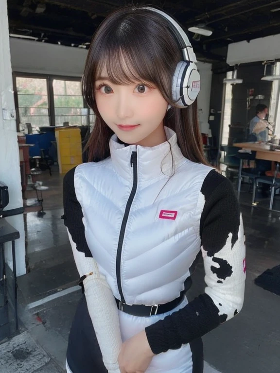 masterpiece, highest quality, Very detailed, 8K Portrait,japanese android girl,Plump , Control panel,Robotic arms and legs, Blunt bangs,,BREAK (metallic gray, metallic luster, mirror finish, astrovest):5,headphone:5,BREAK (black sleeves):100,smartwatch,futuristic space station,control room,BREAK headphone,blue eyes,(black hair):2,(long hair):1.3,look at viewer,(Respirator),BREAK blush:3,hidden hands,smile