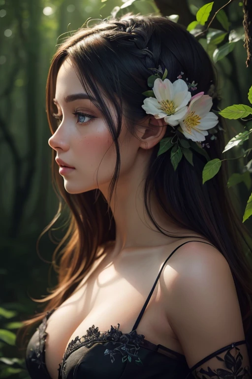 (((medium full shot))), (Masterpiece, photorealistic, photorealism, best quality, ultra-detailed:1.3), (nice hands, perfect hands), official art, cinematic light, (1girl:1.3), adult, solo, long hair, breasts, blush, blue eyes, black hair, hair ornament, dress, cleavage, bare shoulders, medium breasts, flower, hair flower, from side, tree, lips, profile, night, glowing, floral print, nature, forest, realistic. Discover a stunning digital painting of a mysterious forest woman with intricate details, surreal elements, and a perfect balance of colors. The artwork showcases amazing depth and photorealism, capturing a fantasy world with ethereal beauty and intricate patterns.