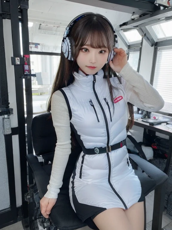 masterpiece, highest quality, Very detailed, 8K Portrait,japanese android girl,Plump , Control panel,Robotic arms and legs, Blunt bangs,,BREAK (metallic gray, metallic luster, mirror finish, astrovest):5,headphone:5,BREAK (black sleeves):100,smartwatch,futuristic space station,control room,BREAK headphone,blue eyes,(black hair):2,(long hair):1.3,look at viewer,(Respirator),BREAK blush:3,hidden hands,smile