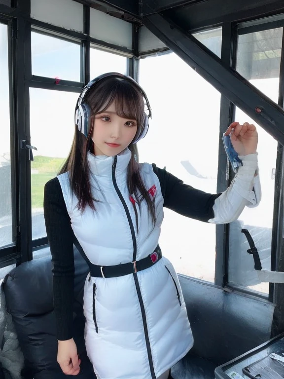 masterpiece, highest quality, Very detailed, 8K Portrait,japanese android girl,Plump , Control panel,Robotic arms and legs, Blunt bangs,,BREAK (metallic gray, metallic luster, mirror finish, astrovest):5,headphone:5,BREAK (black sleeves):100,smartwatch,futuristic space station,control room,BREAK headphone,blue eyes,(black hair):2,(long hair):1.3,look at viewer,(Respirator),BREAK blush:3,hidden hands,smile