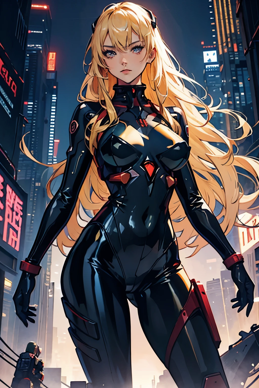 Female young woman, lithe body, curvy, large breasts, black latex bodysuit, sci-fi, evangelion, anime, catsuit, long blonde hair, cyberpunk