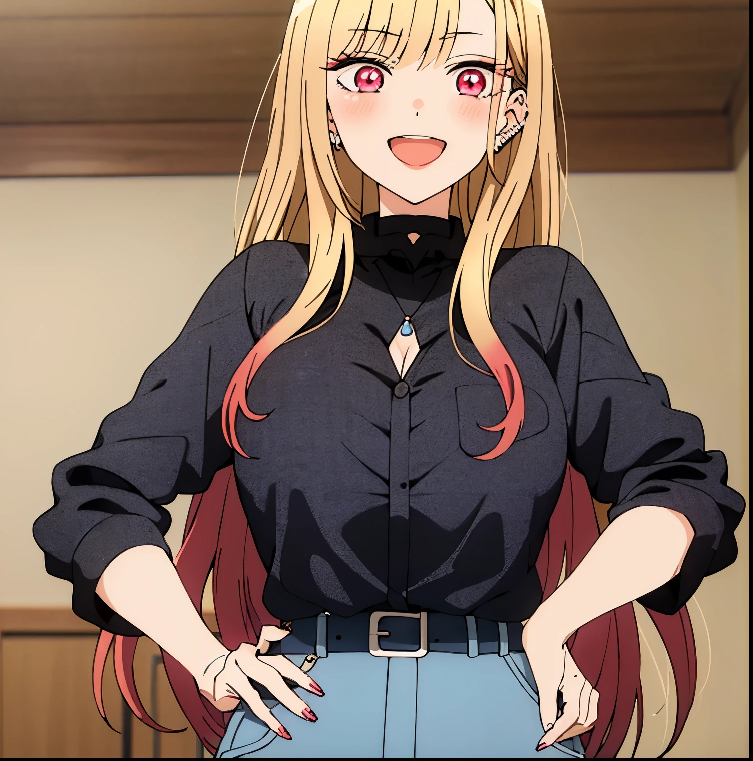 1girl, alone,Marin Kitagawa (extremely detailed CG unity 4k wallpaper),(masterpiece),(best quality),(ultra-detailed),(best illustration),(best shadow),(absurdres),(detailed background), Marin Kitagawa, 1girl, kitagawa marin, jewelry, breasts, blonde hair, solo, cleavage, ring, pants, piercing, long hair, bracelet, choker, jeans, fake nails, pink nails, shirt, earrings, v, denim, red eyes, looking at viewer, black shirt, ear piercing, open mouth, belt, smile, leaning forward, multicolored hair, nail polish, bead bracelet, beads, bangs, black choker, blush,big breasts, medium waist, wide hips, medium thighs, perfect hands, perfect anatomy