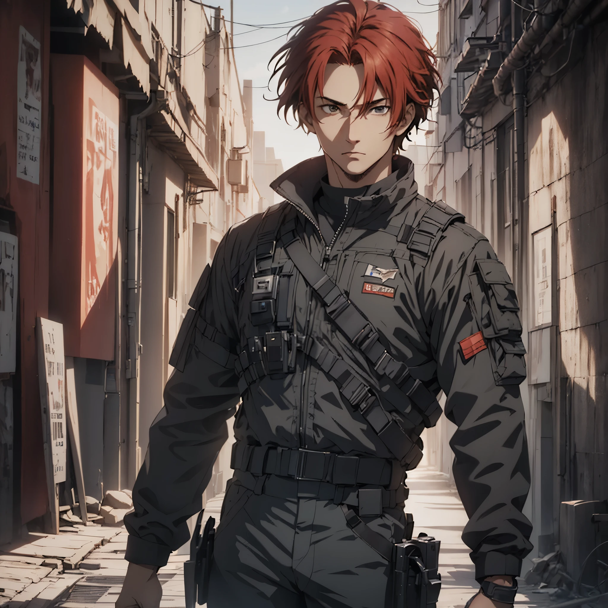 1man, handsome,  18 years old, red hair, wearing combat suit, ultra high resolution, best quality, masterpiece, rtx,ray tracing, 4k, top quality, highly detailed, official art, stunning visuals