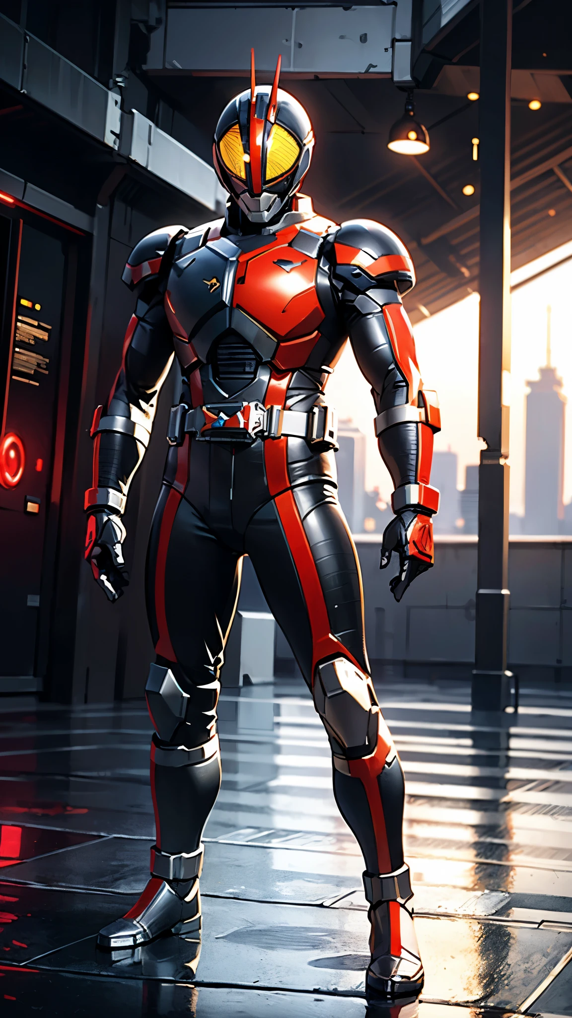 A man wearing a full-face helmet, a fantasy-style biotech armored combat suit, green eyes, (a composite layered chest armor), fully enclosed shoulder guards, matching arm and leg guards, the belt is adorned with Beetle-shaped gem, (the color scheme is primarily black with red accents), the design balances heavy with agility, a high-tech bio-mecha armor, (Dynastinae concept Armor, stand on the top of a skyscraper in a futuristic sci-fi city), this character embodies a finely crafted fantasy-surreal style armored hero in anime style, exquisite and mature manga art style, (element, plasma, energy, the armor glows), ((male:1.5)), metallic, real texture material, dramatic, high definition, best quality, highres, ultra-detailed, ultra-fine painting, extremely delicate, professional, perfect body proportions, golden ratio, anatomically correct, symmetrical face, extremely detailed eyes and face, high quality eyes, creativity, RAW photo, UHD, 32k, Natural light, cinematic lighting, masterpiece-anatomy-perfect, masterpiece:1.5