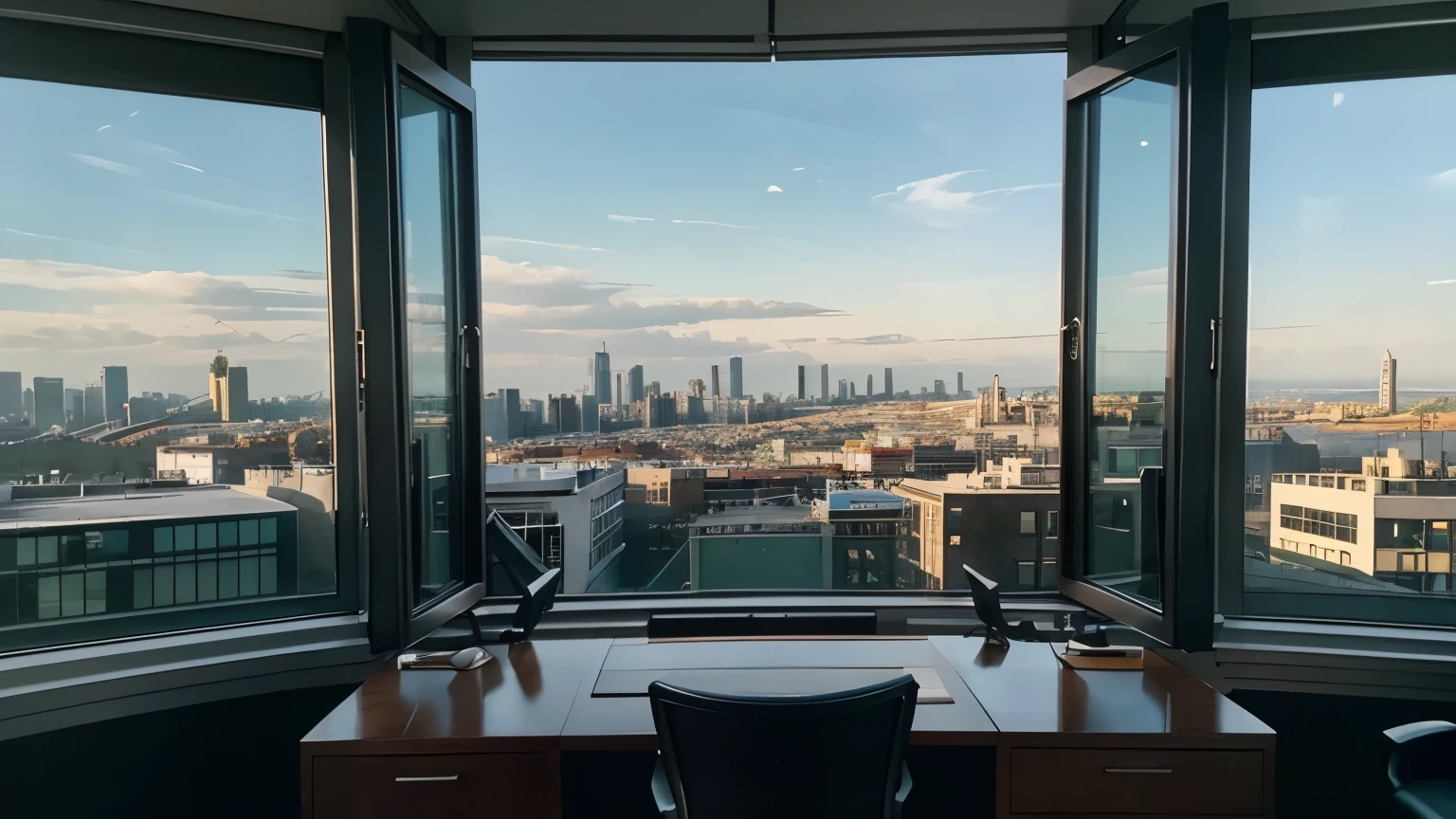 a beautiful setting, like an office building overlooking the city. I want lots and lots of buildings in the background in the window, I want to see a lot of the city through this office window, but show a lot of the very rich and chic office.