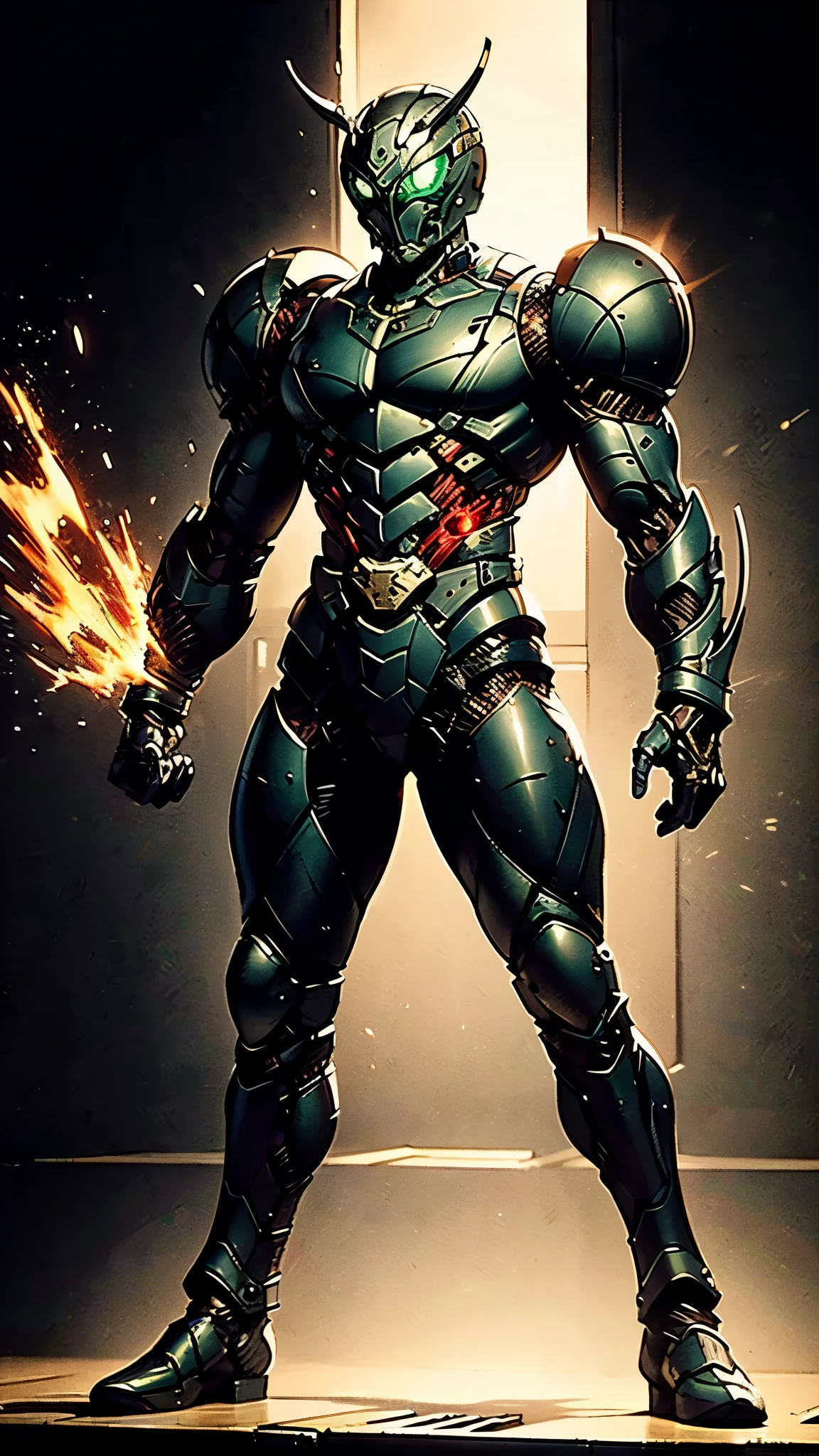 A man wearing a full-face helmet, a fantasy-style biotech armored combat suit, green eyes, (a composite layered chest armor), fully enclosed shoulder guards, matching arm and leg guards, the belt is adorned with Beetle-shaped gem, (the color scheme is primarily black with red accents), the design balances heavy with agility, a high-tech bio-mecha armor, (Dynastinae concept Armor, stand on the top of a skyscraper in a futuristic sci-fi city), this character embodies a finely crafted fantasy-surreal style armored hero in anime style, exquisite and mature manga art style, (element, plasma, energy, the armor glows), ((male:1.5)), metallic, real texture material, dramatic, high definition, best quality, highres, ultra-detailed, ultra-fine painting, extremely delicate, professional, perfect body proportions, golden ratio, anatomically correct, symmetrical face, extremely detailed eyes and face, high quality eyes, creativity, RAW photo, UHD, 32k, Natural light, cinematic lighting, masterpiece-anatomy-perfect, masterpiece:1.5