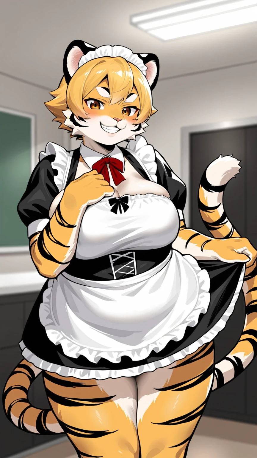 source_anime,score_9,score_8_up,ikuchan, BREAK, 1girl, short hair, caressing belly, INDOORS, MEDUIM BREASTS, BRANDING, smile, happy, lole, ((aged down)), young, very young, chubby, bbw, rating:safe, sfw, smug, grin, furry, tiger, blonde hair, fur, tiger fur, tiger ears, maid, maid outfit, ass, skirt, rating:dafe, sfw, skirt