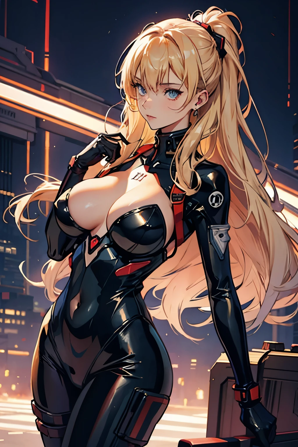 Female young woman, lithe body, curvy, very large breasts, black latex bodysuit, sci-fi, evangelion, anime, catsuit, long blonde hair, cyberpunk